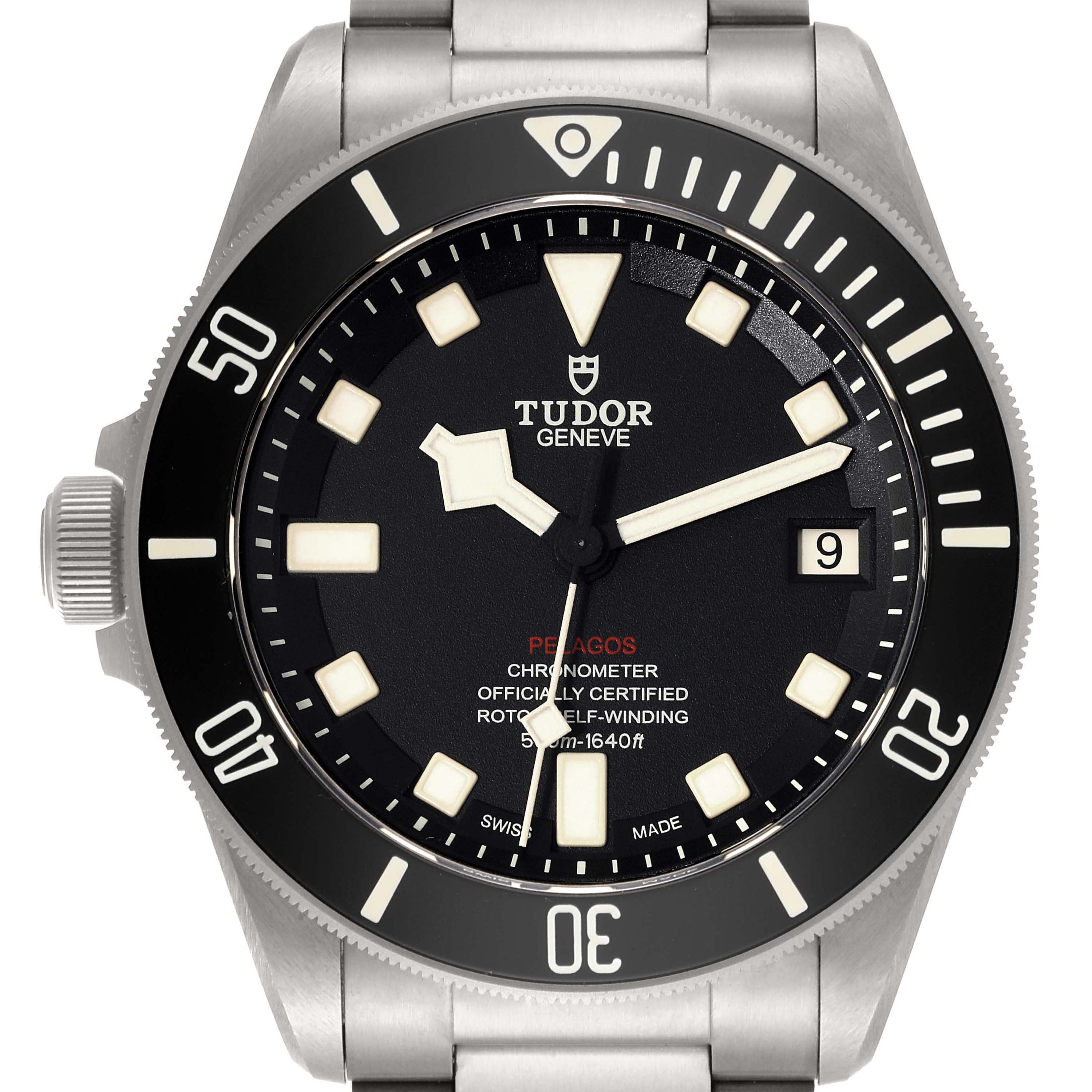 The image shows a frontal view of the Tudor Pelagos 25610TNL Men's Titanium Black Dial 25610TNL Men's Titanium Black Dial watch, highlighting its dial, bezel, and part of the strap.