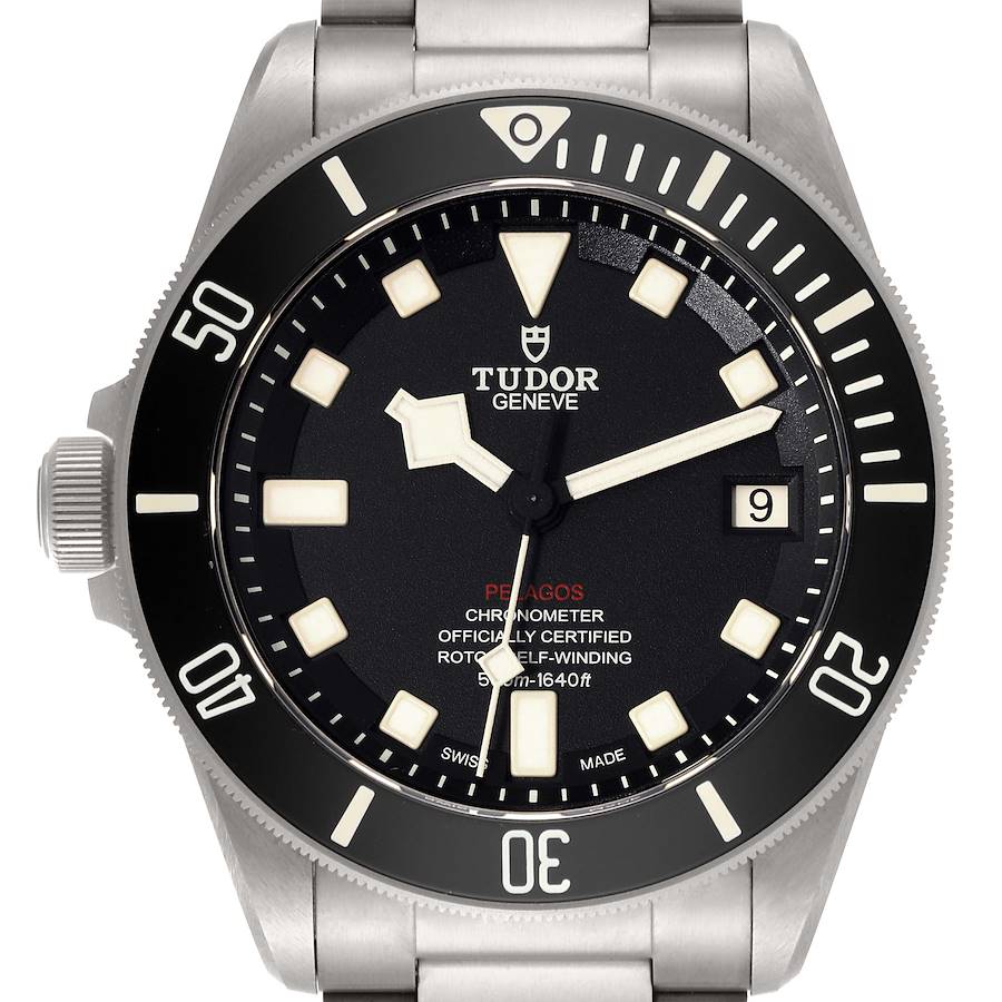 The image shows a frontal view of the Tudor Pelagos 25610TNL Men's Titanium Black Dial 25610TNL Men's Titanium Black Dial watch, highlighting its dial, bezel, and part of the strap.