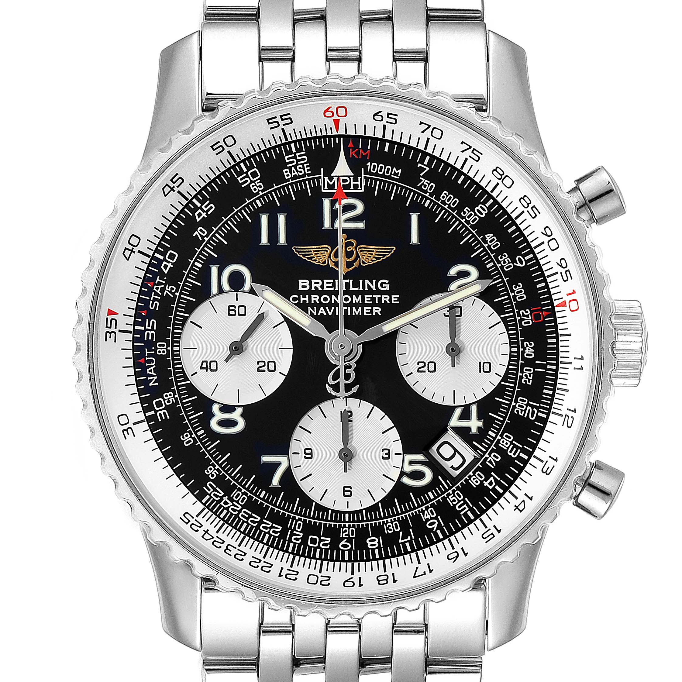 This image shows a front view of the Breitling Navitimer A23322 Men's Stainless Steel Black Dial A23322 Men's Stainless Steel Black Dial watch, highlighting its dial, chronograph subdials, and stainless steel bracelet.