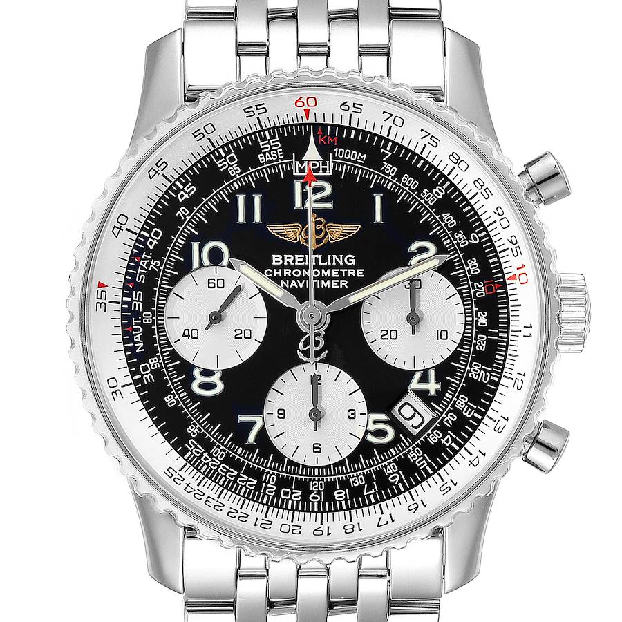 This image shows a front view of the Breitling Navitimer A23322 Men's Stainless Steel Black Dial A23322 Men's Stainless Steel Black Dial watch, highlighting its dial, chronograph subdials, and stainless steel bracelet.