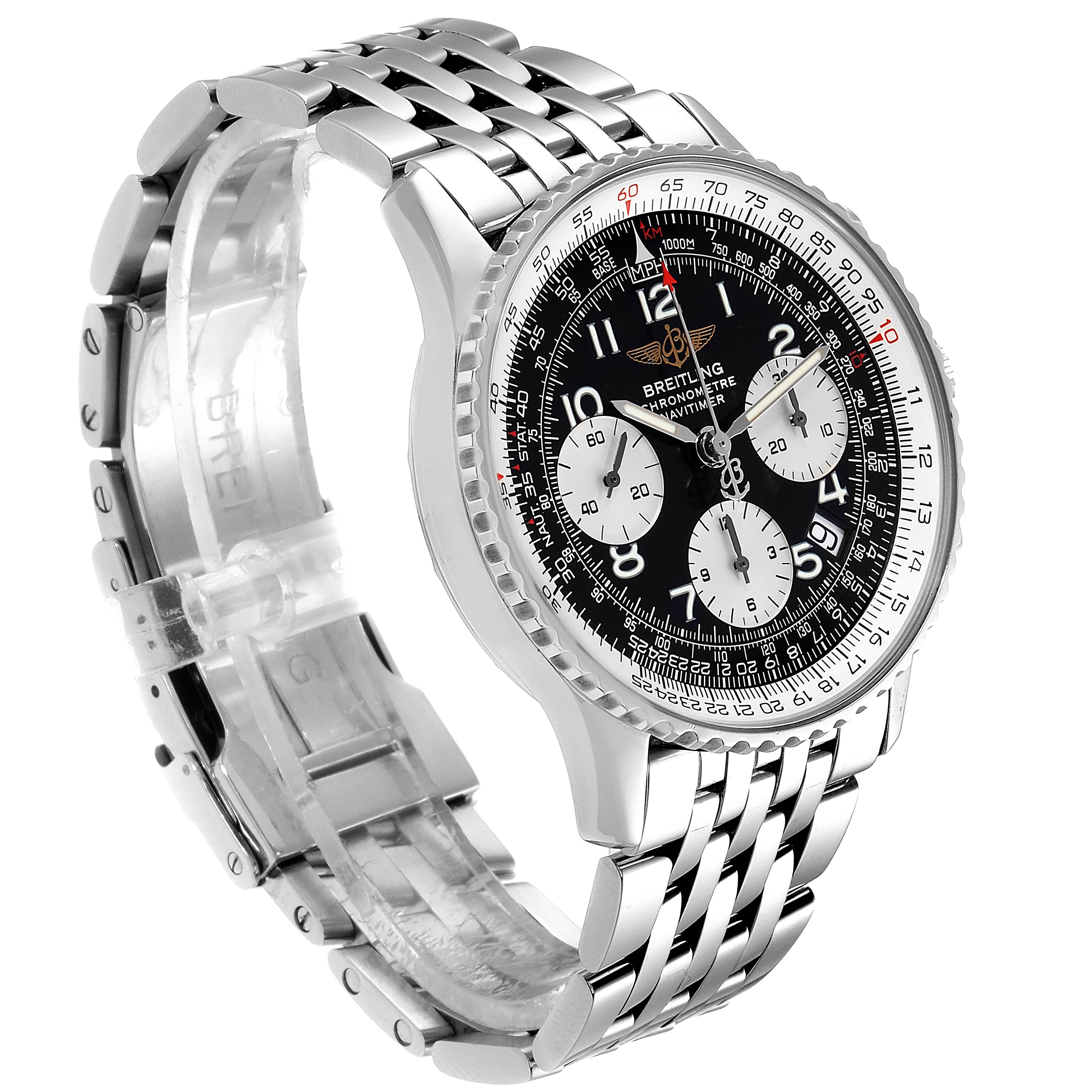 This image shows a side angle view of a Breitling Navitimer A23322 Men's Stainless Steel Black Dial A23322 Men's Stainless Steel Black Dial watch, highlighting its dial, bezel, and metal bracelet.