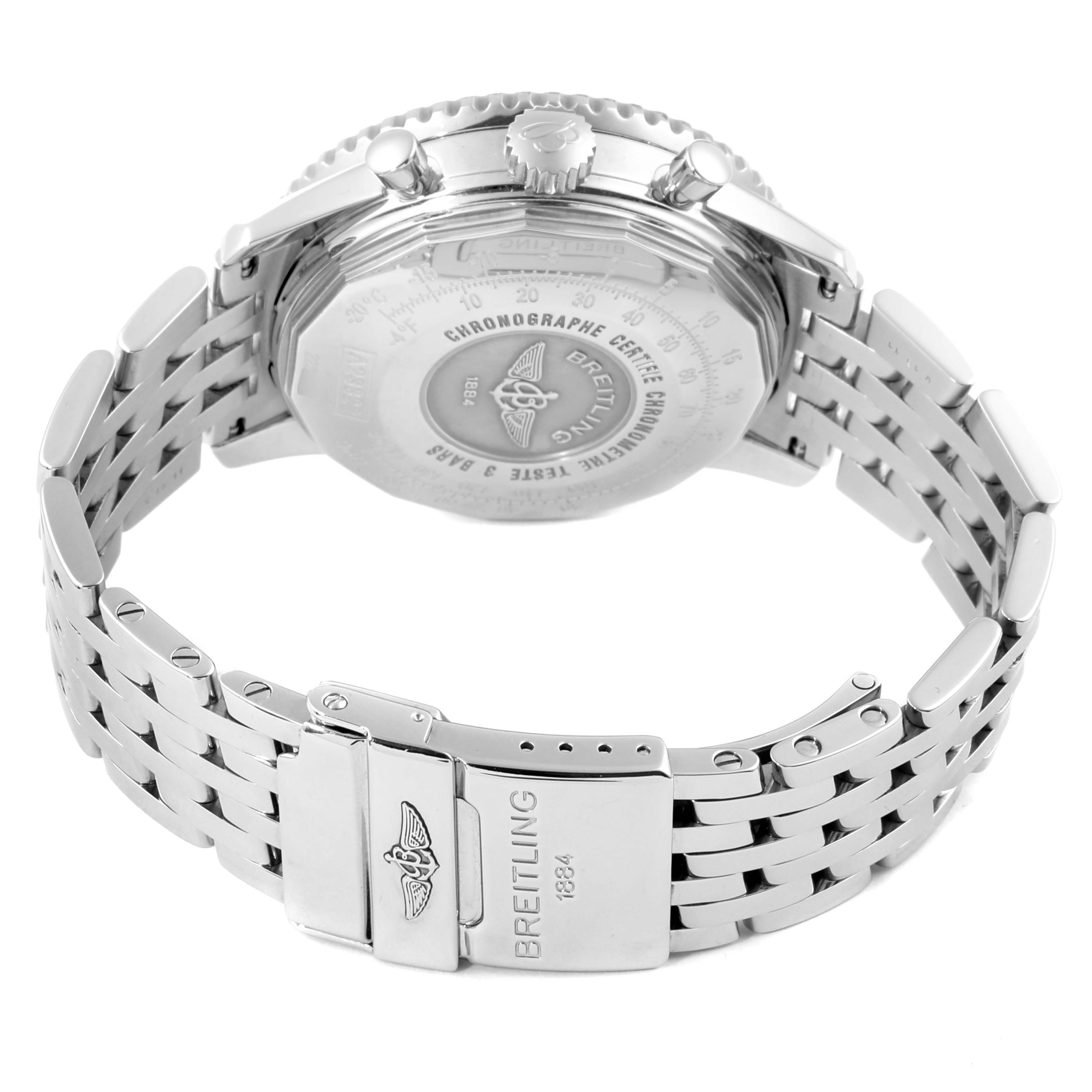 This image shows the backside and bracelet of a Breitling Navitimer A23322 Men's Stainless Steel Black Dial A23322 Men's Stainless Steel Black Dial watch at a slight angle.