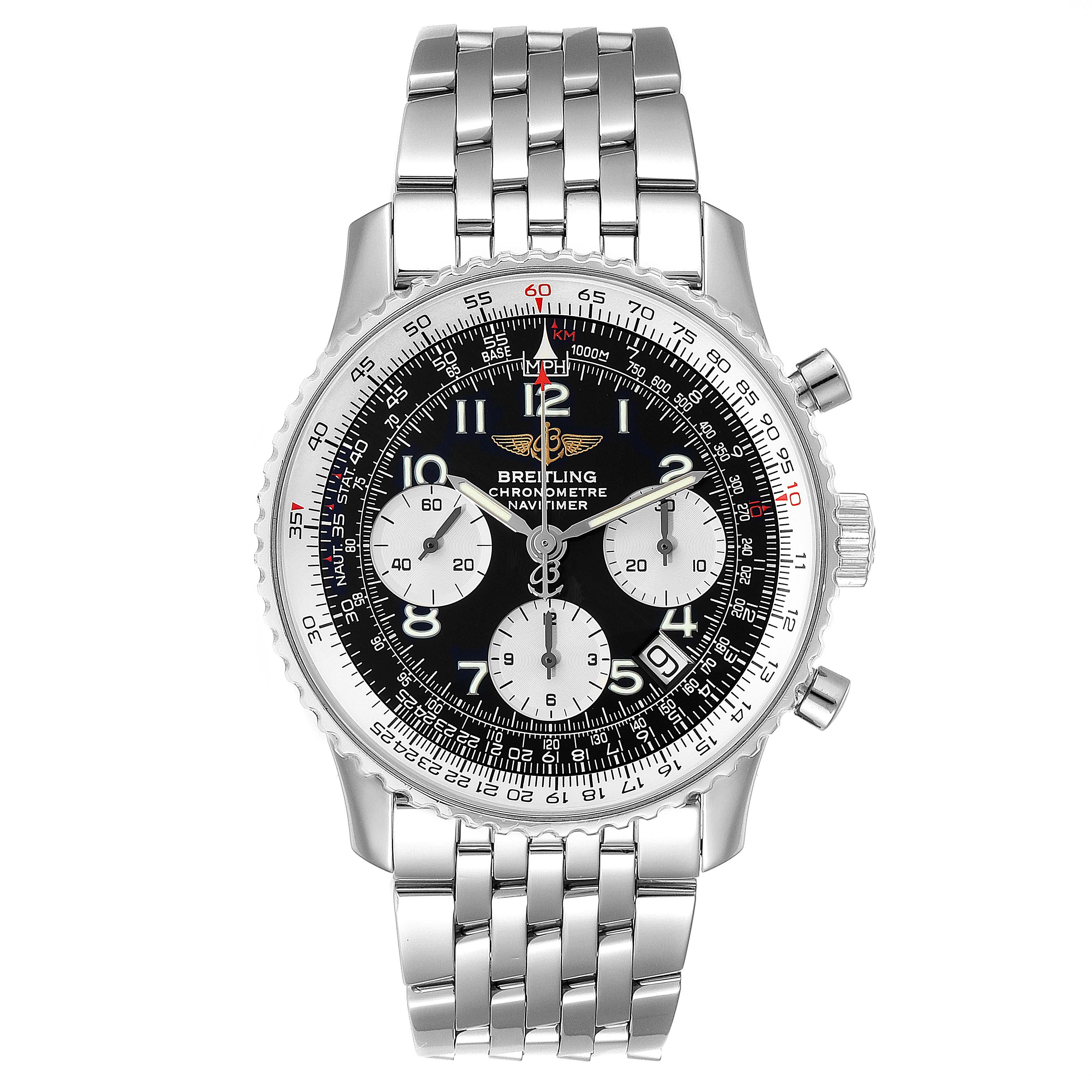 The image shows a front view of the Breitling Navitimer A23322 Men's Stainless Steel Black Dial A23322 Men's Stainless Steel Black Dial watch, highlighting its face, bezel, crown, pushers, and bracelet.