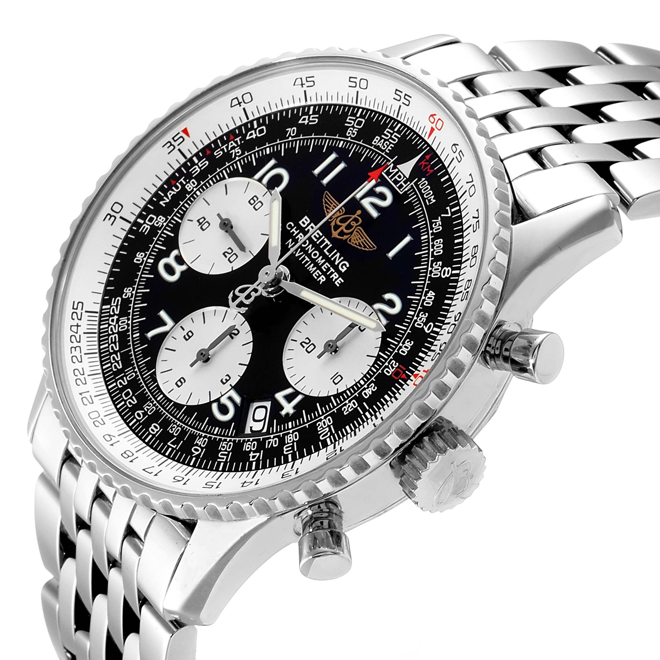 This image shows a Breitling Navitimer A23322 Men's Stainless Steel Black Dial A23322 Men's Stainless Steel Black Dial watch at a slight angle, highlighting the dial, bezel, chronograph subdials, and stainless steel bracelet.