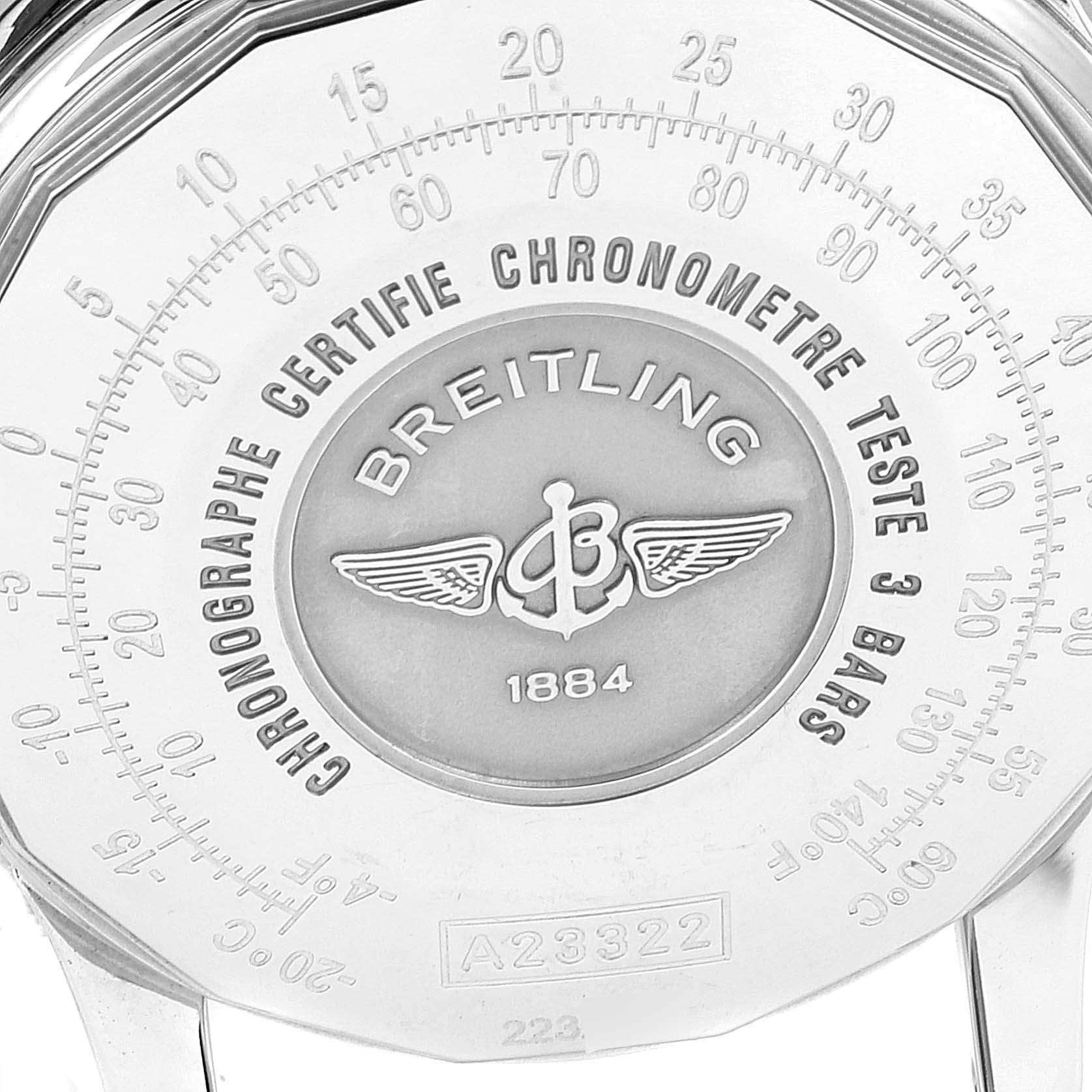 The image shows the back case of a Breitling Navitimer A23322 Men's Stainless Steel Black Dial A23322 Men's Stainless Steel Black Dial watch, highlighting its engraving and certification details.