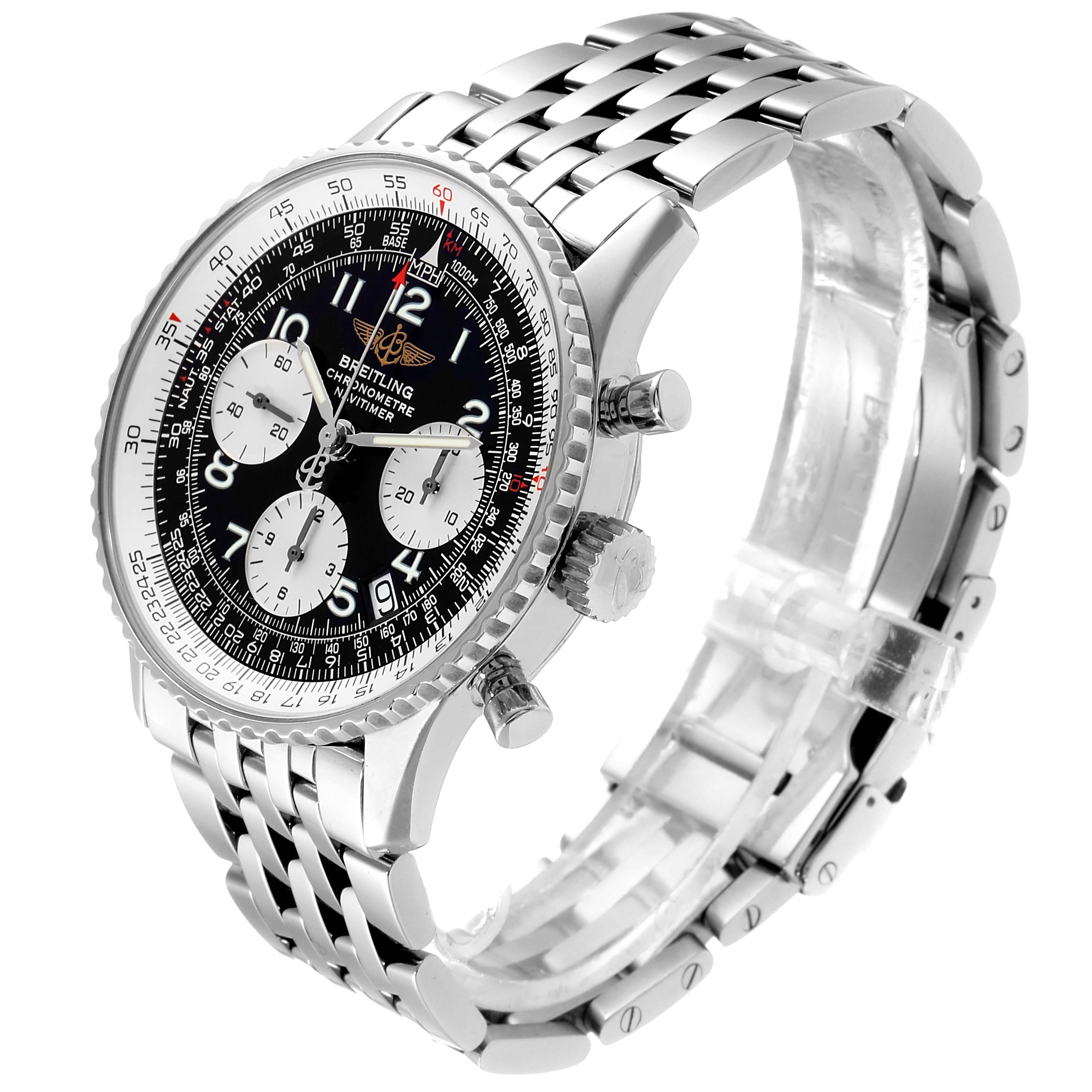 The Breitling Navitimer A23322 Men's Stainless Steel Black Dial A23322 Men's Stainless Steel Black Dial watch is displayed at a slight right angle, highlighting the dial, crown, pushers, and metal bracelet.