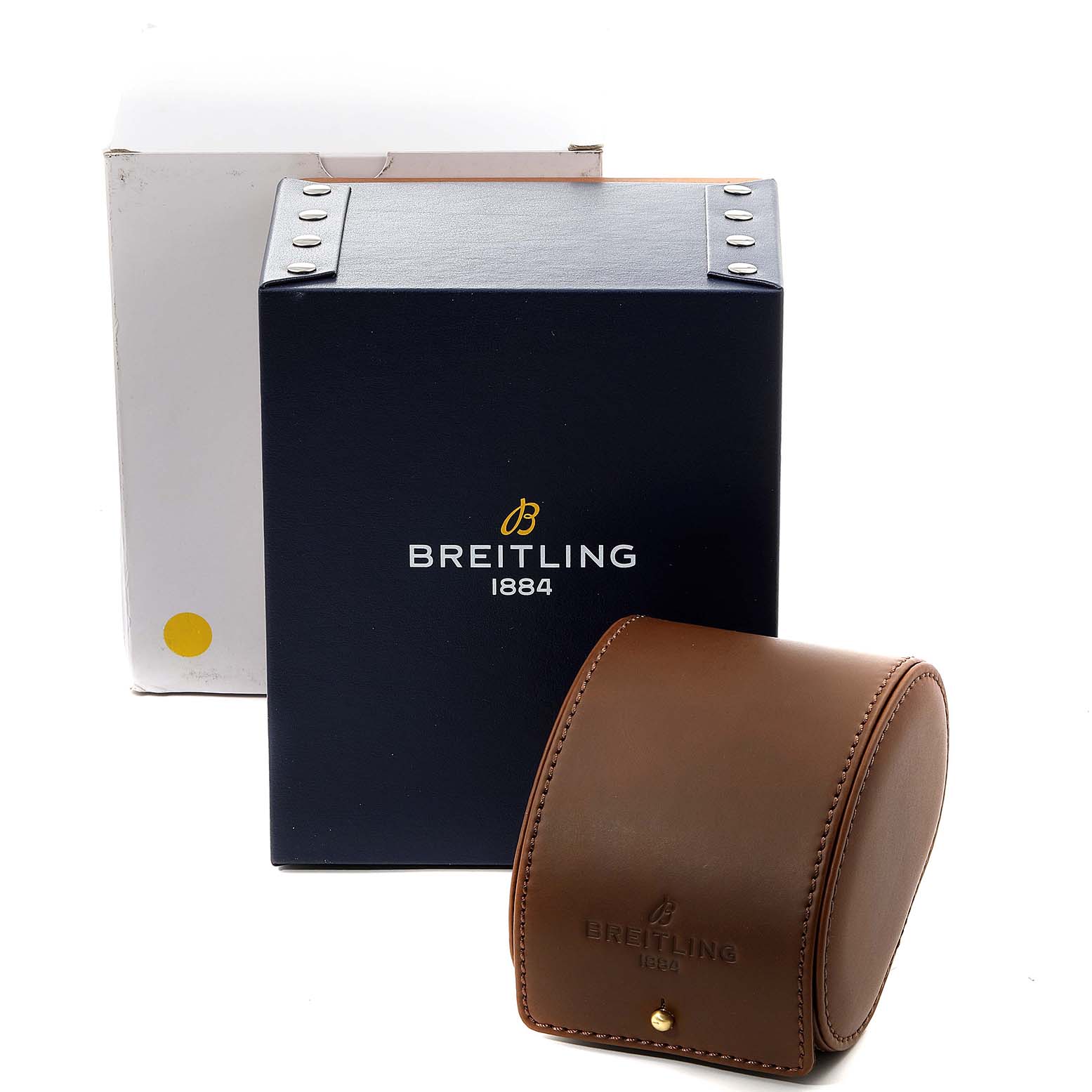 The image shows a Breitling Navitimer A23322 Men's Stainless Steel Black Dial A23322 Men's Stainless Steel Black Dial box and brown leather watch case, viewed from the front.