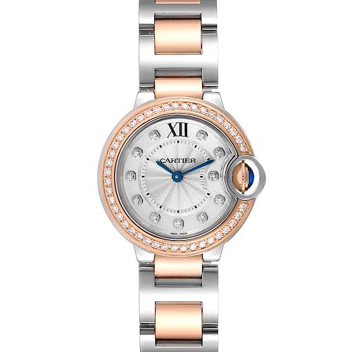 This image shows a Cartier Ballon Bleu W3BB0009 Women's Steel and Gold (two tone) Silver Dial W3BB0009 Women's Steel and Gold (two tone) Silver Dial watch from a front angle, displaying its face, bezel, and bracelet.