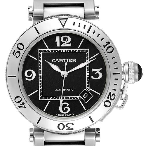 The image shows a front view of a Cartier Pasha W31077M7 Men's Stainless Steel Black Dial W31077M7 Men's Stainless Steel Black Dial watch, highlighting the dial, bezel, and crown.