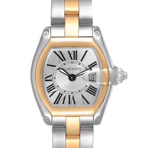 The Cartier Roadster W62026Y4 Women's Steel and Gold (two tone) Silver Dial W62026Y4 Women's Steel and Gold (two tone) Silver Dial watch is shown from the front, highlighting the dial, bezel, and bracelet.
