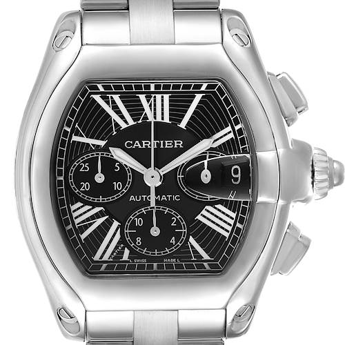 This image shows a close-up view of the Cartier Roadster W62020X6 Men's Stainless Steel Black Dial W62020X6 Men's Stainless Steel Black Dial watch, highlighting the face and dial details.