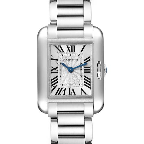 This is a front view of the Cartier Tank Anglaise W5310022 Women's Stainless Steel Silver Dial W5310022 Women's Stainless Steel Silver Dial watch, showing its face and part of its metal band.