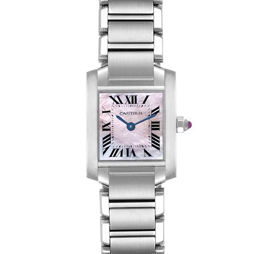The Cartier Tank Française watch is shown from the front, featuring its face, Roman numerals, and stainless steel bracelet.