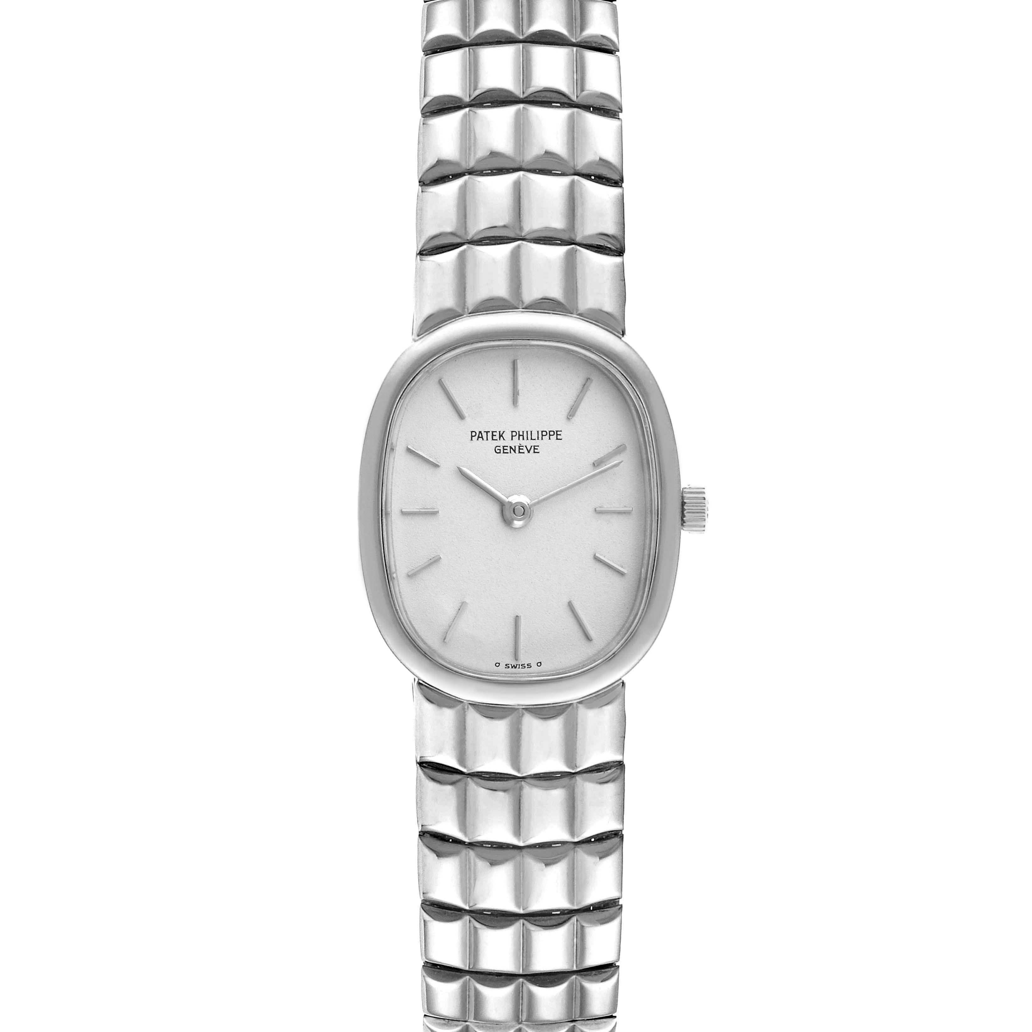 The image shows a front view of the Patek Philippe Golden Ellipse 4764/15 Women's White Gold Silver Dial 4764/15 Women's White Gold Silver Dial watch, displaying its face and metal bracelet.