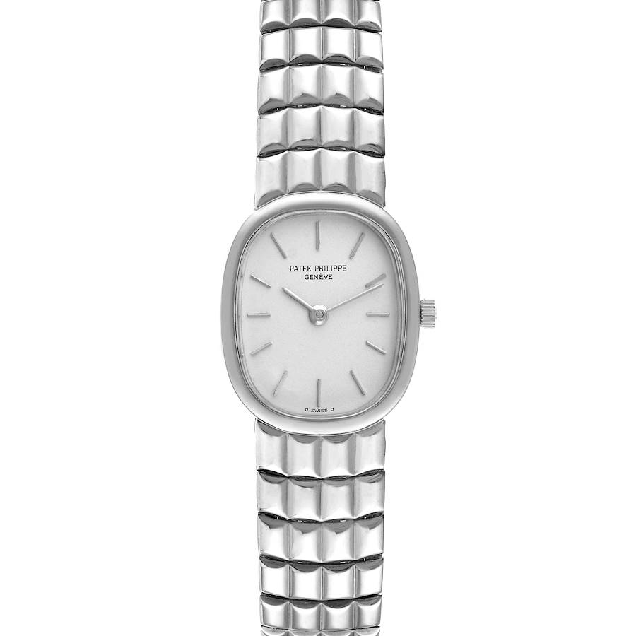 The image shows a front view of the Patek Philippe Golden Ellipse 4764/15 Women's White Gold Silver Dial 4764/15 Women's White Gold Silver Dial watch, displaying its face and metal bracelet.