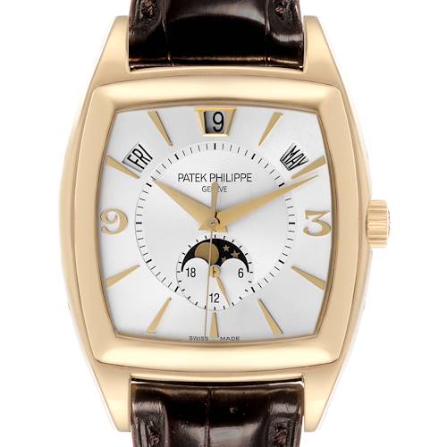 The image shows a front view of the Patek Philippe Gondolo 5135J-001 Men's Yellow Gold Silver Dial 5135J-001 Men's Yellow Gold Silver Dial watch, highlighting the dial, gold case, and leather strap.