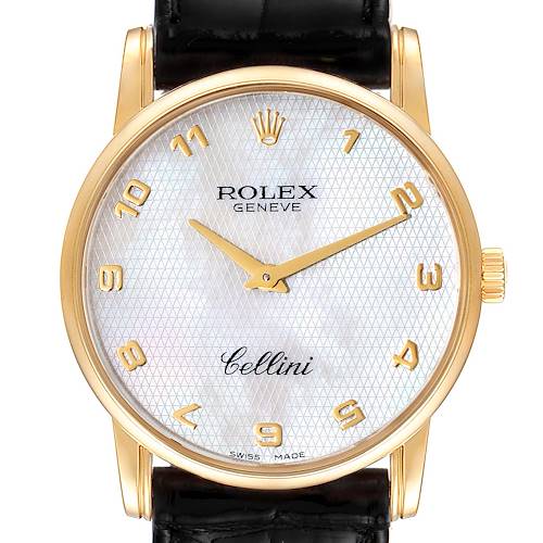 This image shows a front angle view of the Rolex Cellini 5116 Men's Yellow Gold Mother of Pearl Dial 5116 Men's Yellow Gold Mother of Pearl Dial watch, displaying its face, hands, and black leather strap.