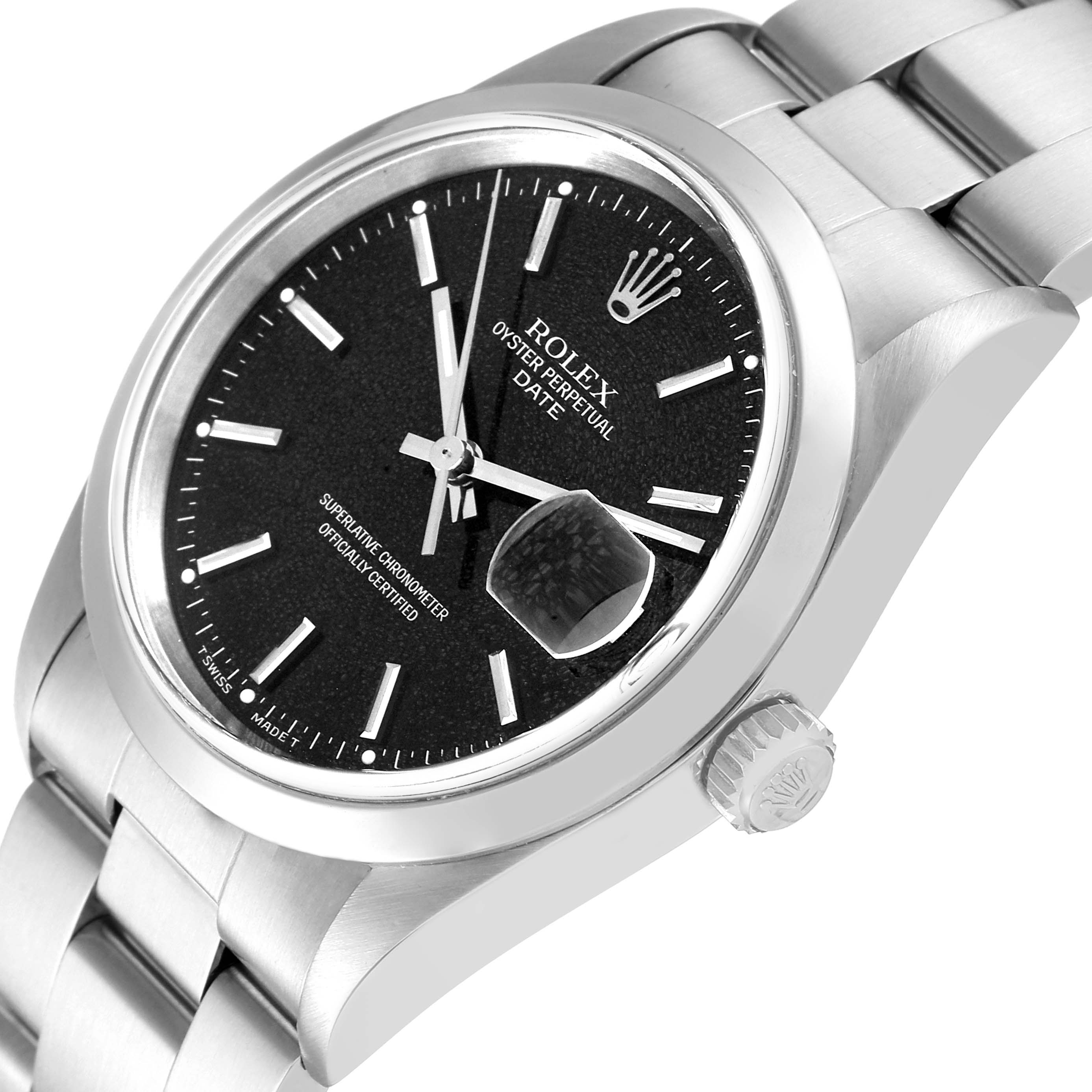 The image shows a close-up angled view of a Rolex Date 15200 Men's Stainless Steel Black Dial 15200 Men's Stainless Steel Black Dial model watch, focusing on the face, bezel, and a section of the bracelet.