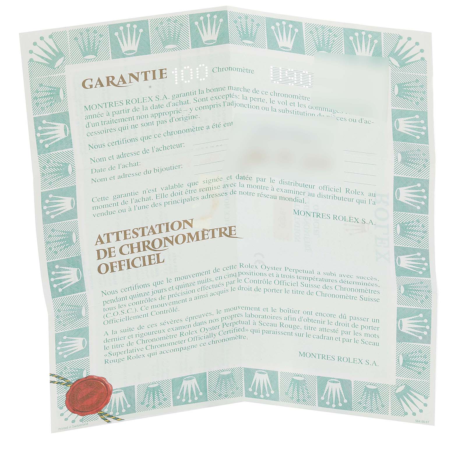 This image shows the official warranty and chronometer certification document for a Rolex Date 15200 Men's Stainless Steel Black Dial 15200 Men's Stainless Steel Black Dial model watch.