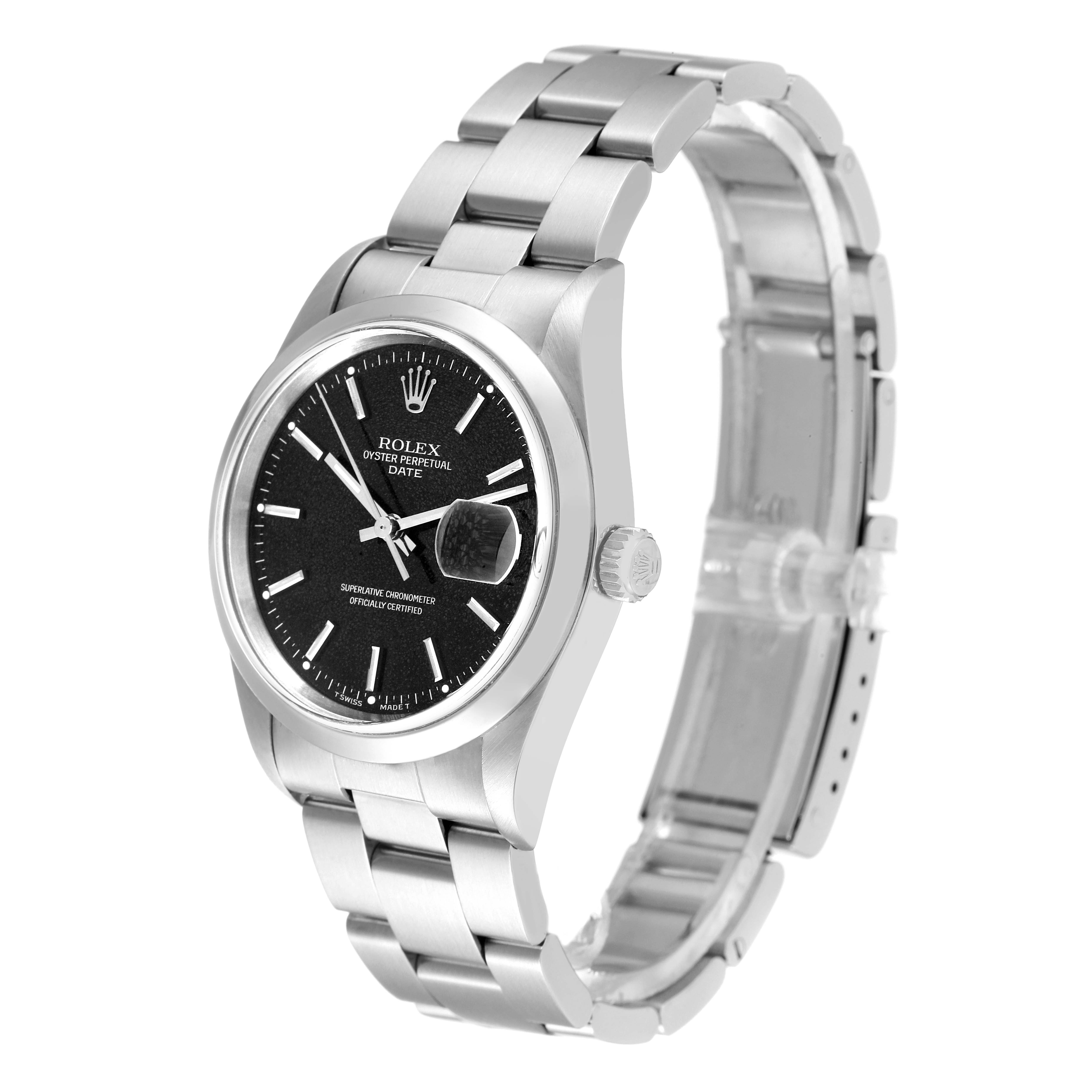 The image shows a side angle of a Rolex Date 15200 Men's Stainless Steel Black Dial 15200 Men's Stainless Steel Black Dial model watch, highlighting the face, crown, and bracelet.