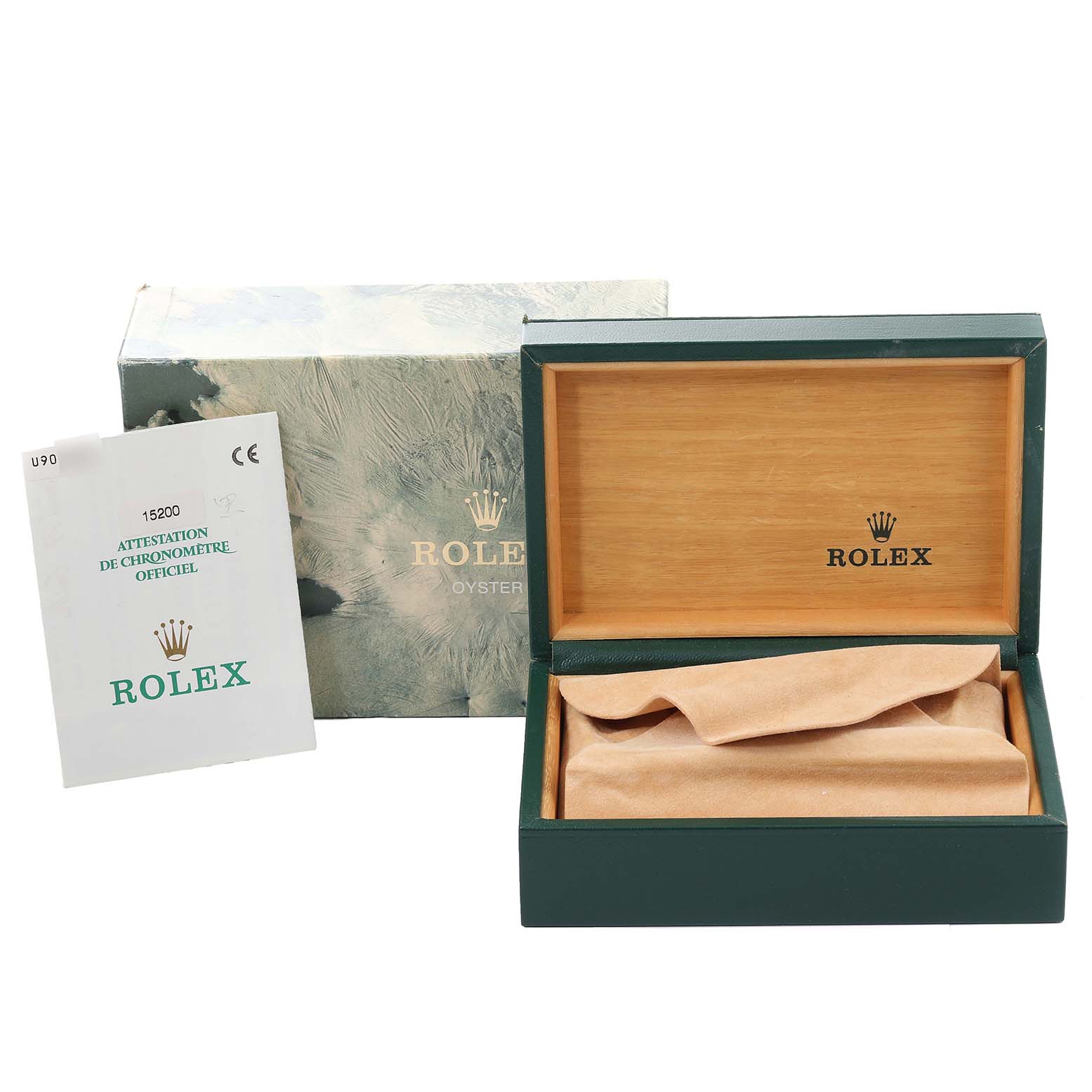 This image shows an open Rolex Date 15200 Men's Stainless Steel Black Dial 15200 Men's Stainless Steel Black Dial model box along with its certificate and outer packaging.