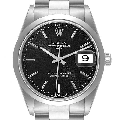 The image shows a front view of the Rolex Date 15200 Men's Stainless Steel Black Dial 15200 Men's Stainless Steel Black Dial model watch, highlighting the dial, hands, date window, and part of the bracelet.