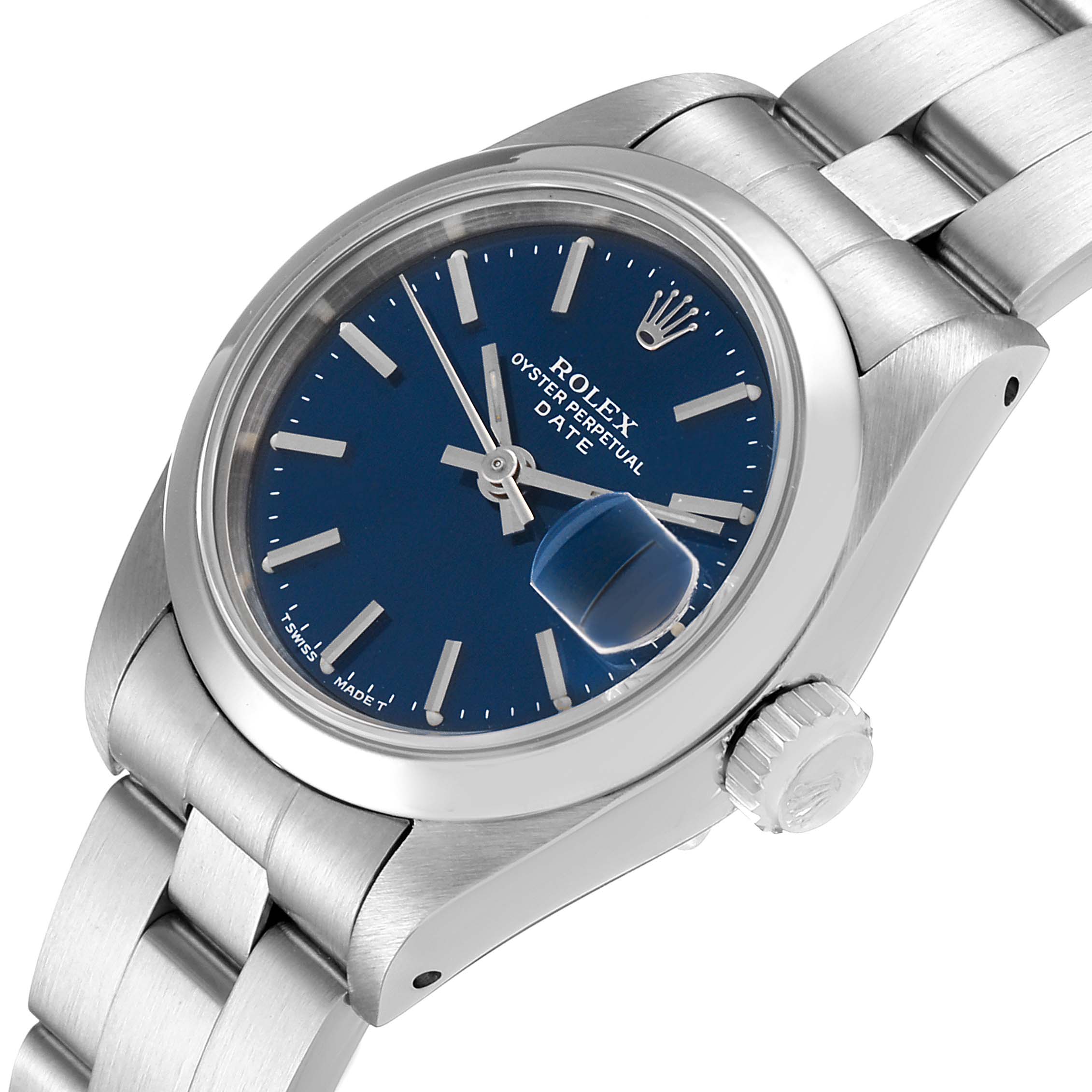 This image shows the Rolex Date 69160 Women's Stainless Steel Blue Dial 69160 Women's Stainless Steel Blue Dial model watch from an angled perspective, highlighting the face, bezel, crown, and bracelet.