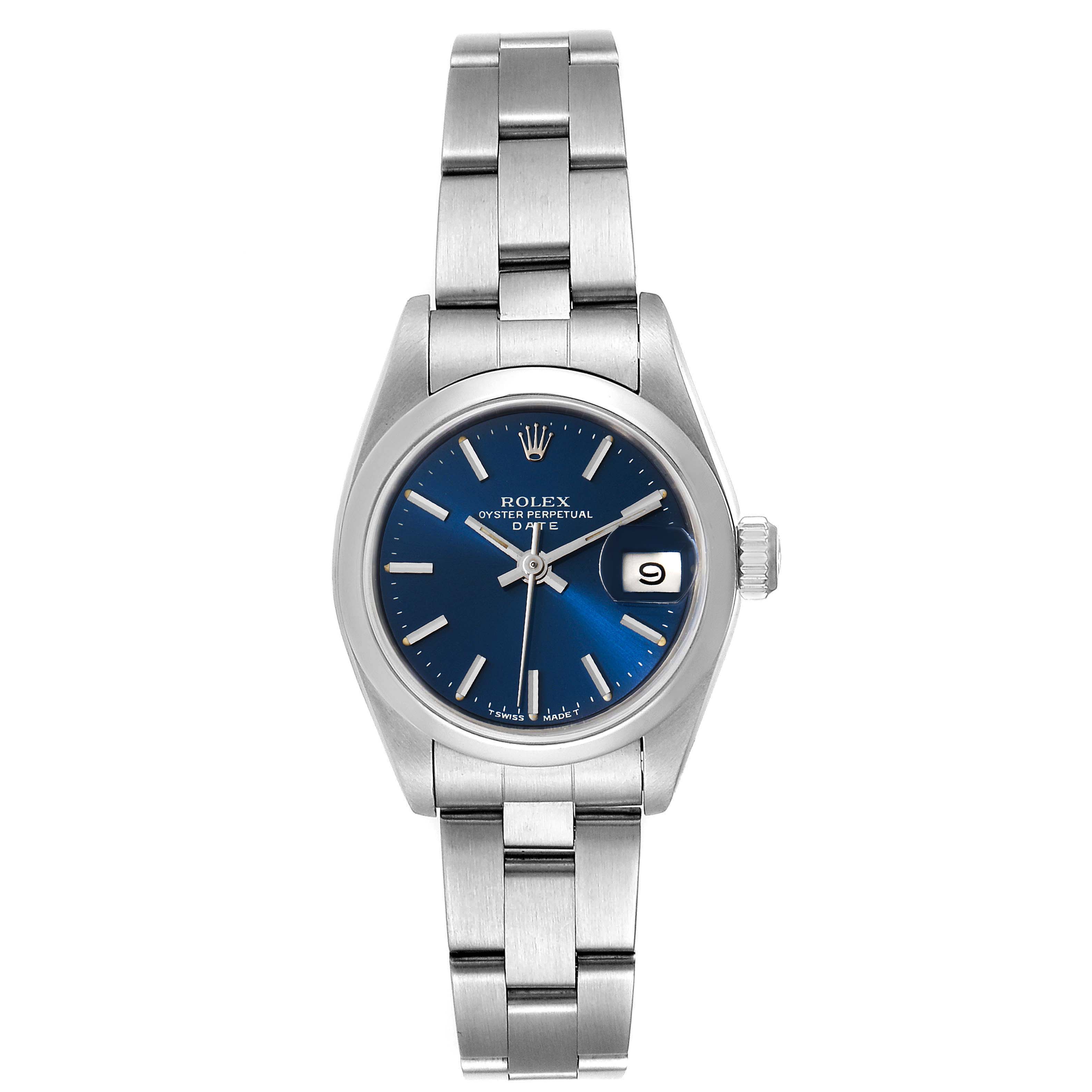 This Rolex Date 69160 Women's Stainless Steel Blue Dial 69160 Women's Stainless Steel Blue Dial model watch is shown from the front, displaying its blue dial, date window, and stainless steel bracelet.