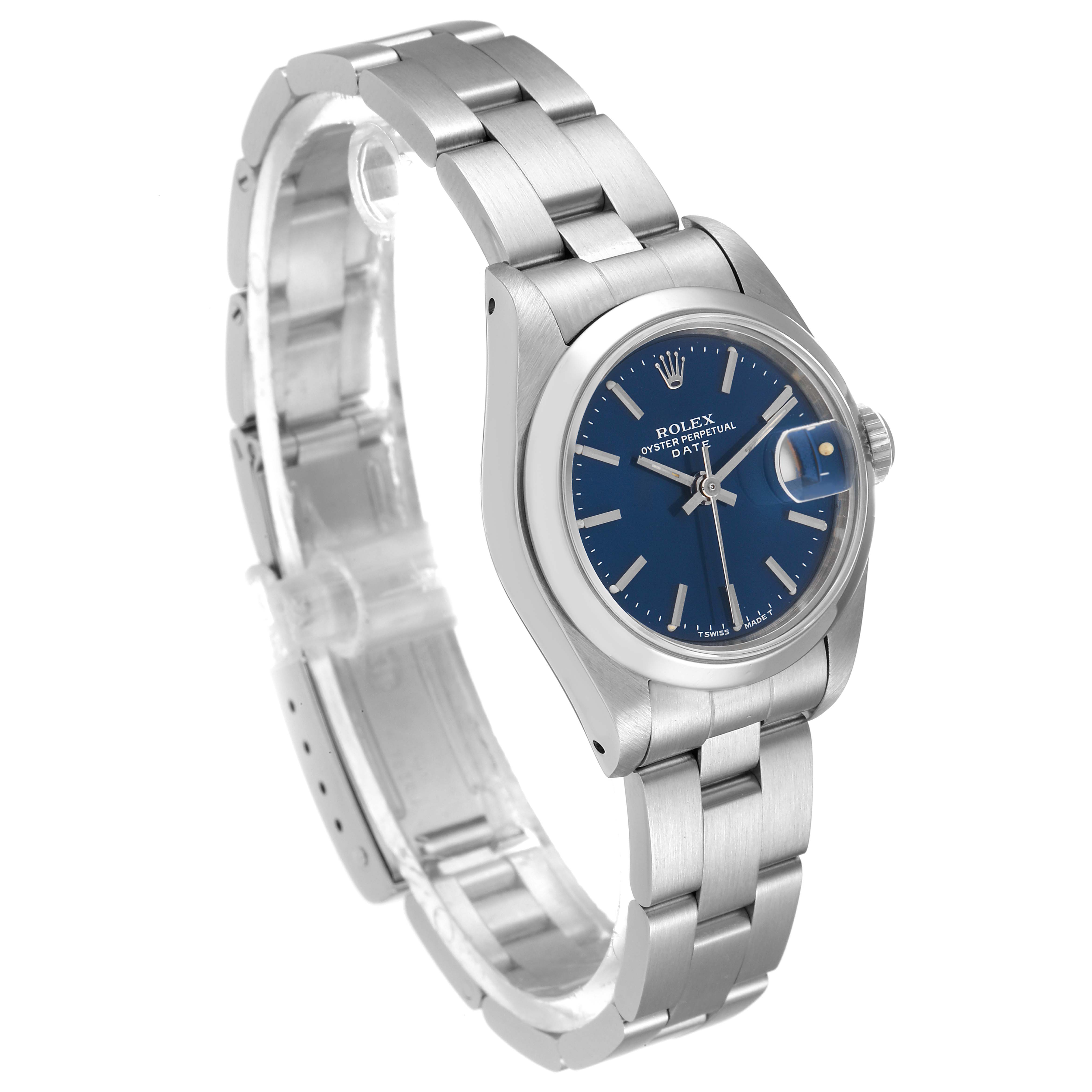 This image shows a Rolex Date 69160 Women's Stainless Steel Blue Dial 69160 Women's Stainless Steel Blue Dial model watch from a three-quarter angle, highlighting the dial, bracelet, and clasp.