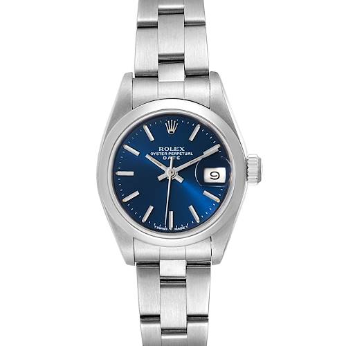 This image shows a frontal view of a Rolex Date 69160 Women's Stainless Steel Blue Dial 69160 Women's Stainless Steel Blue Dial model watch, displaying the dial, crown, and bracelet.