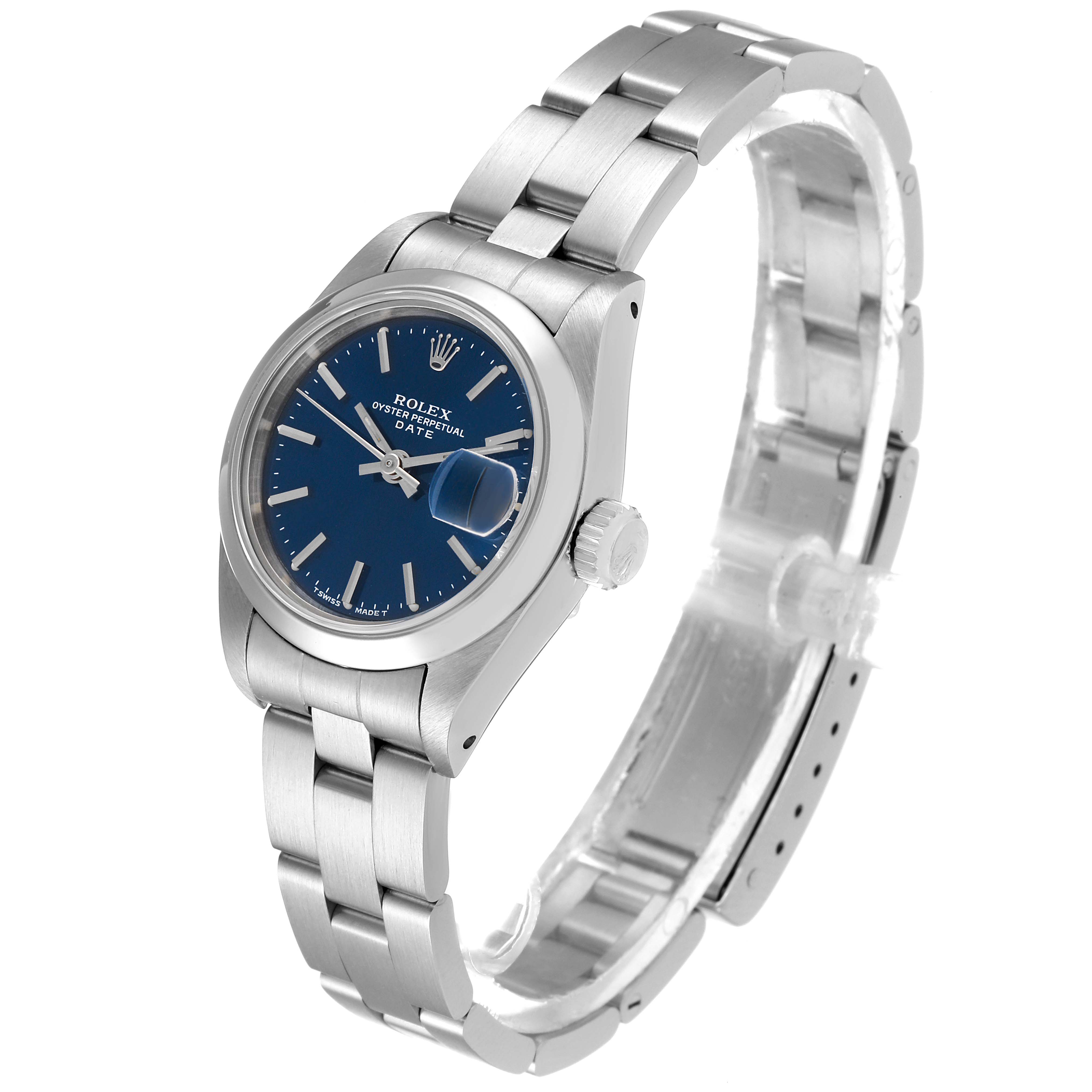 The Rolex Date 69160 Women's Stainless Steel Blue Dial 69160 Women's Stainless Steel Blue Dial model watch is shown at a slight angle displaying its face, crown, and part of the bracelet.