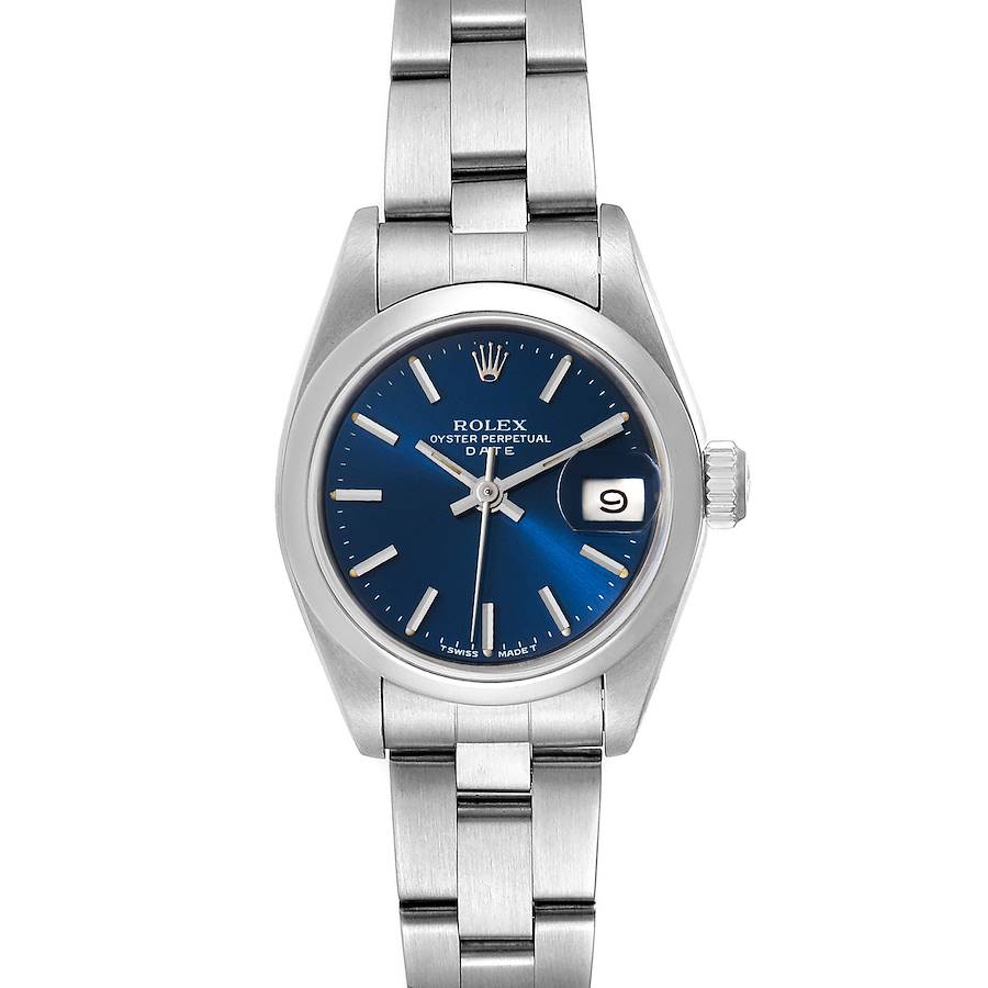 The image shows a front view of the Rolex Date 69160 Women's Stainless Steel Blue Dial 69160 Women's Stainless Steel Blue Dial model watch, highlighting its dial, bracelet, and date feature.