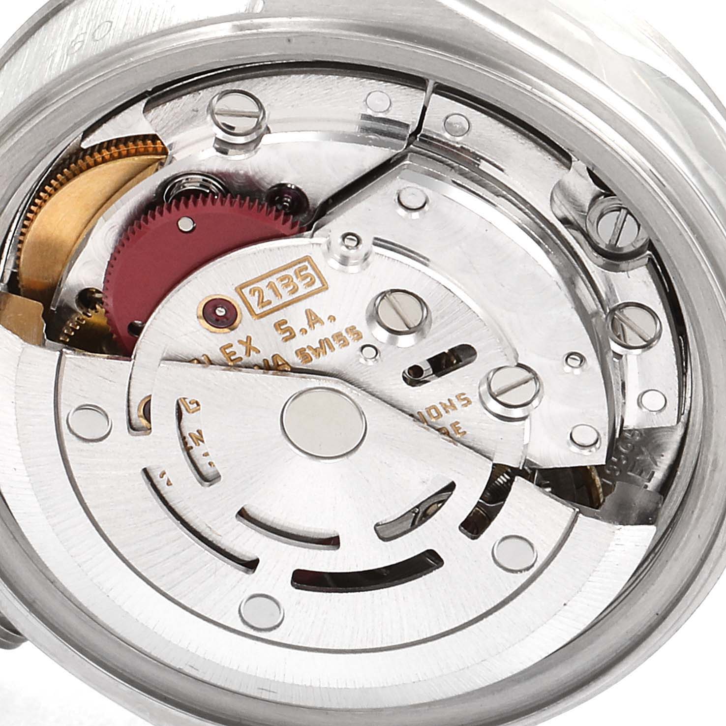 This image shows the internal movement parts of a Rolex Date 69160 Women's Stainless Steel Blue Dial 69160 Women's Stainless Steel Blue Dial model watch from a close-up angle.