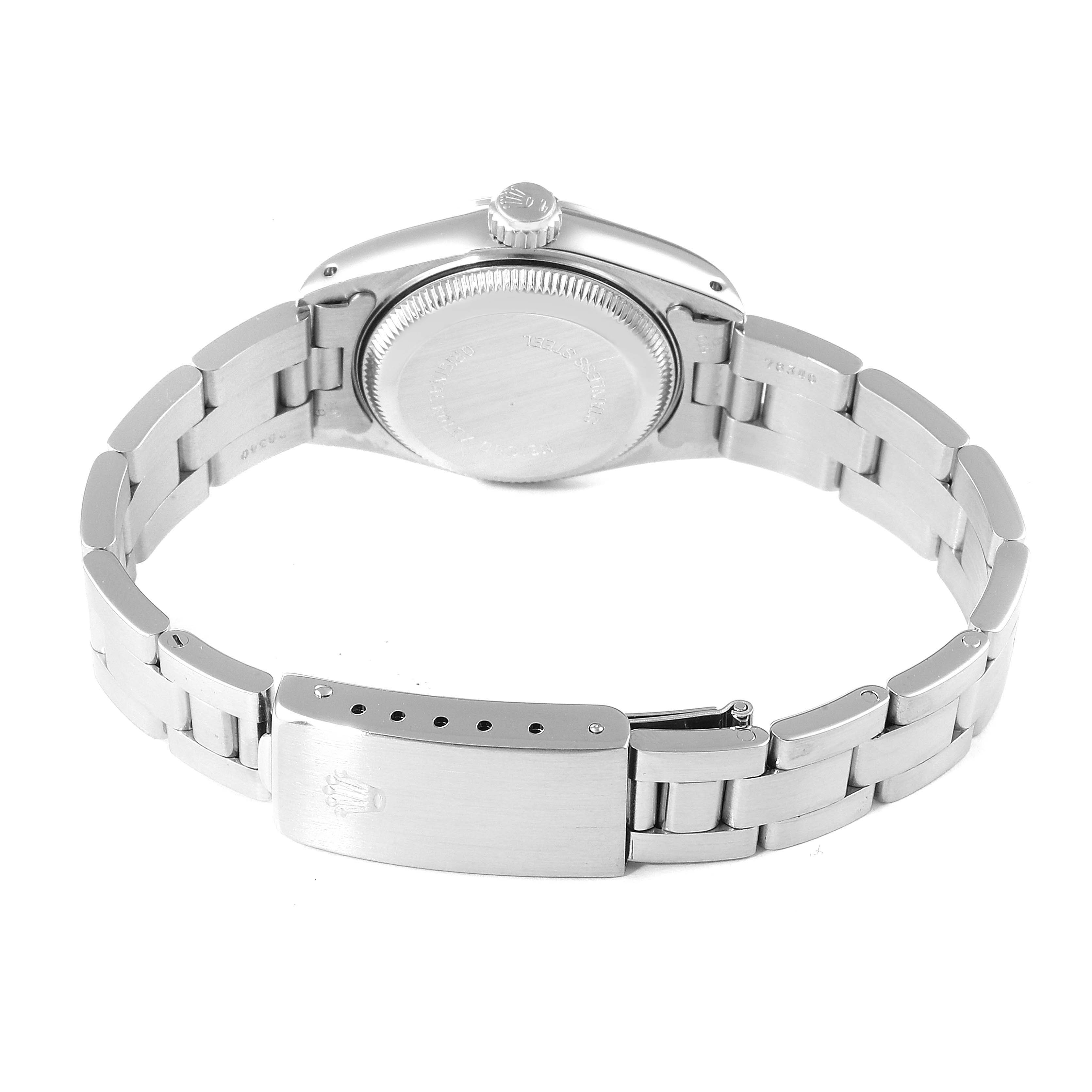 This image shows the back and clasp of a Rolex Date 69160 Women's Stainless Steel Blue Dial 69160 Women's Stainless Steel Blue Dial model watch, highlighting the case back, bracelet, and clasp with the Rolex logo.