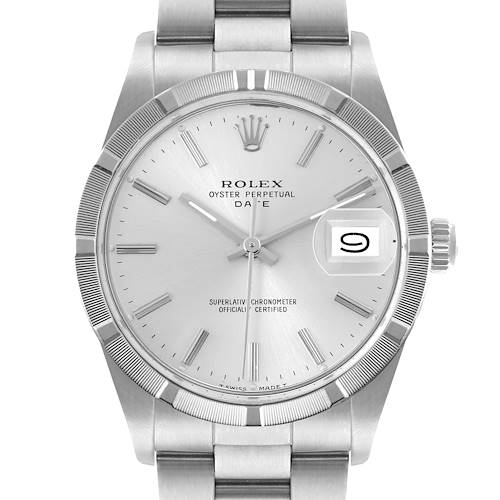 The image shows a front view of the Rolex Vintage Collection 15010 Men's Stainless Steel Silver Dial 15010 Men's Stainless Steel Silver Dial watch, highlighting the dial, bezel, crown, and part of the bracelet.