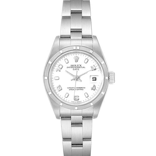 The image shows a front view of a Rolex Date 79190 Women's Stainless Steel White Dial 79190 Women's Stainless Steel White Dial model watch, displaying the dial, hands, bracelet, and date window.