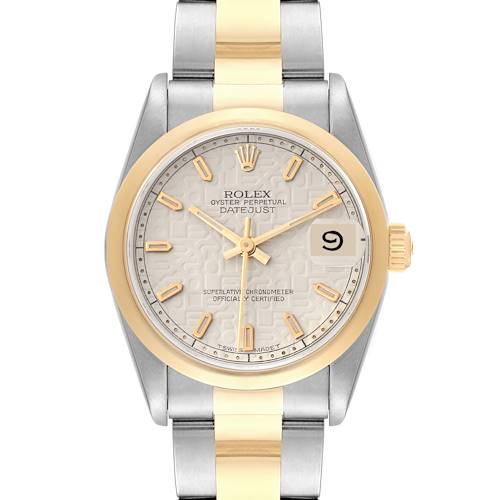 The Rolex Mid-Size 68243 Women's Steel and Gold (two tone) Beige Dial 68243 Women's Steel and Gold (two tone) Beige Dial Datejust watch is shown from the front, highlighting its face, bezel, crown, and bracelet.