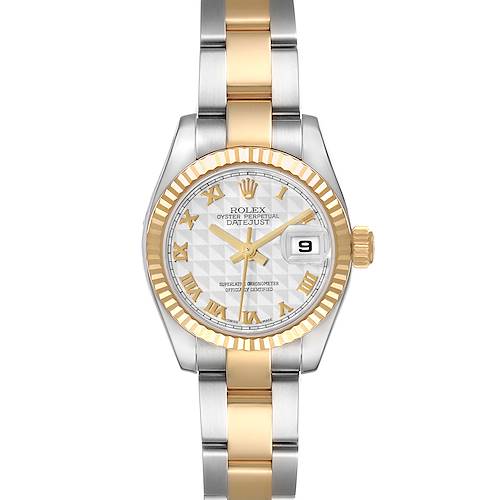 The Rolex Datejust 179173 Women's Steel and Gold (two tone) Beige Dial 179173 Women's Steel and Gold (two tone) Beige Dial watch is shown from a straight-on angle, highlighting its two-tone bracelet, fluted bezel, and date display.