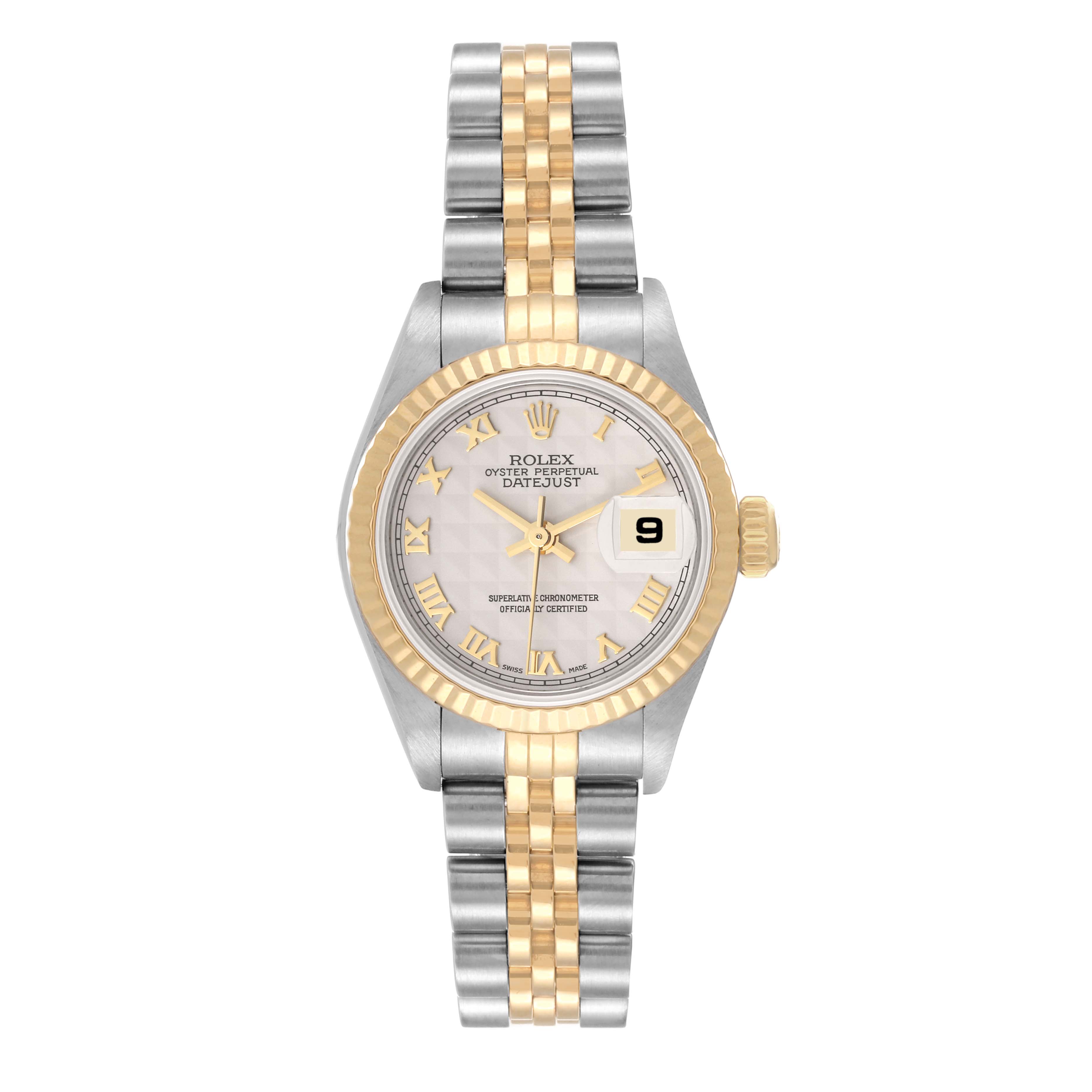 This image shows a frontal view of a Rolex Datejust 79173 Women's Steel and Gold (two tone) Beige Dial 79173 Women's Steel and Gold (two tone) Beige Dial watch, displaying the dial, bezel, date, and two-tone bracelet.