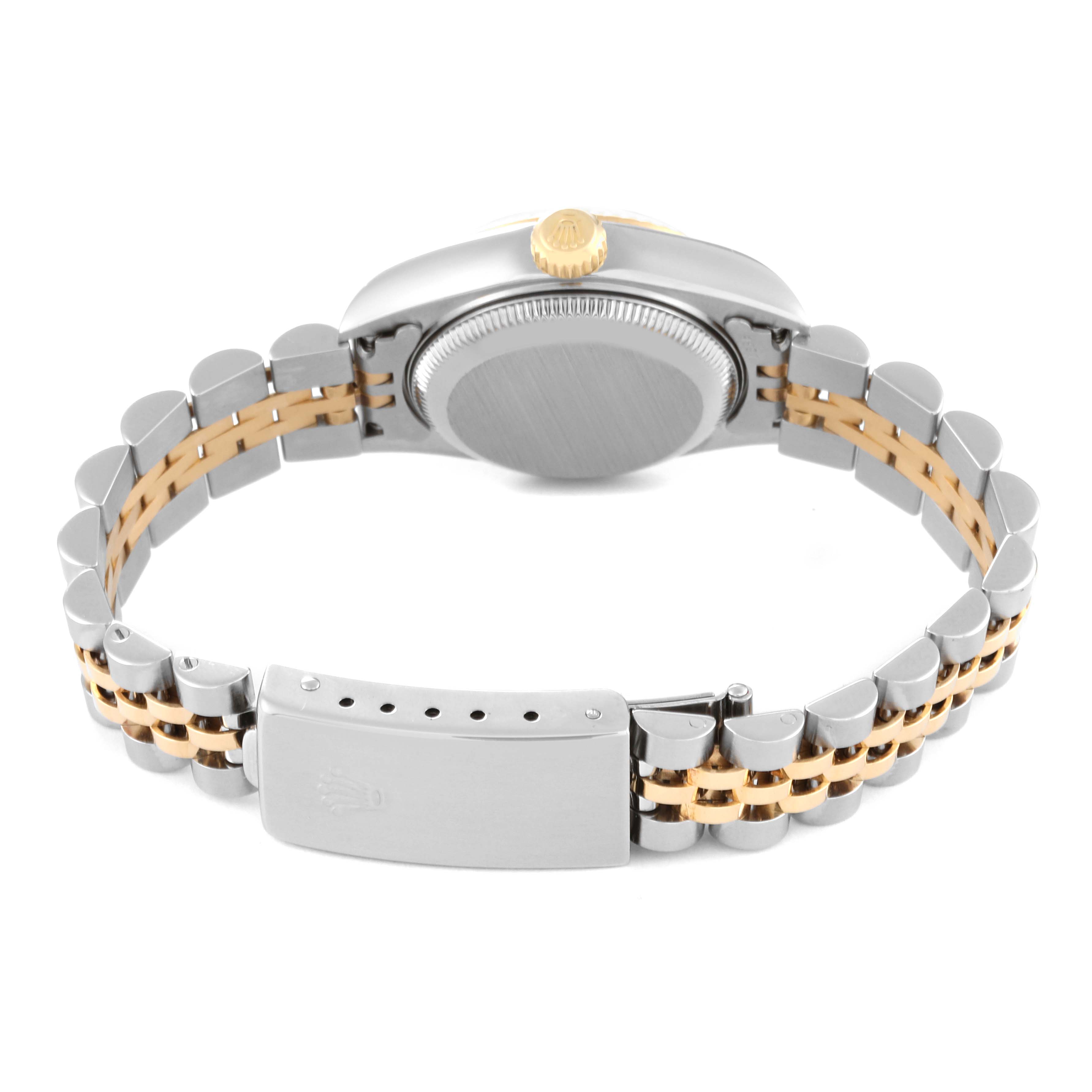 The image shows the back and sides of a Rolex Datejust 79173 Women's Steel and Gold (two tone) Beige Dial 79173 Women's Steel and Gold (two tone) Beige Dial watch, focusing on its case, crown, and two-tone bracelet with clasp.