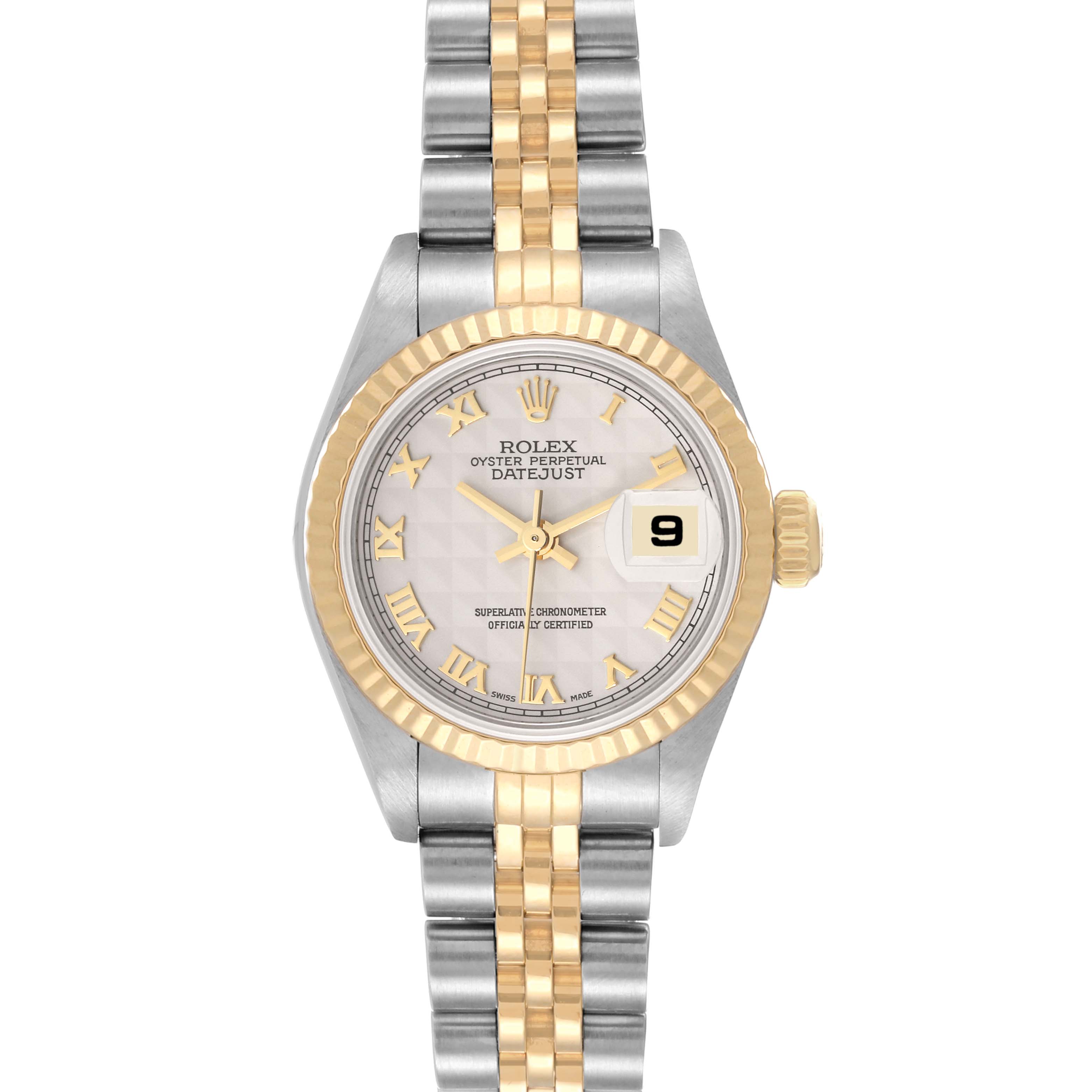The image shows a frontal view of a Rolex Datejust 79173 Women's Steel and Gold (two tone) Beige Dial 79173 Women's Steel and Gold (two tone) Beige Dial watch, displaying the face, bezel, crown, and bracelet.