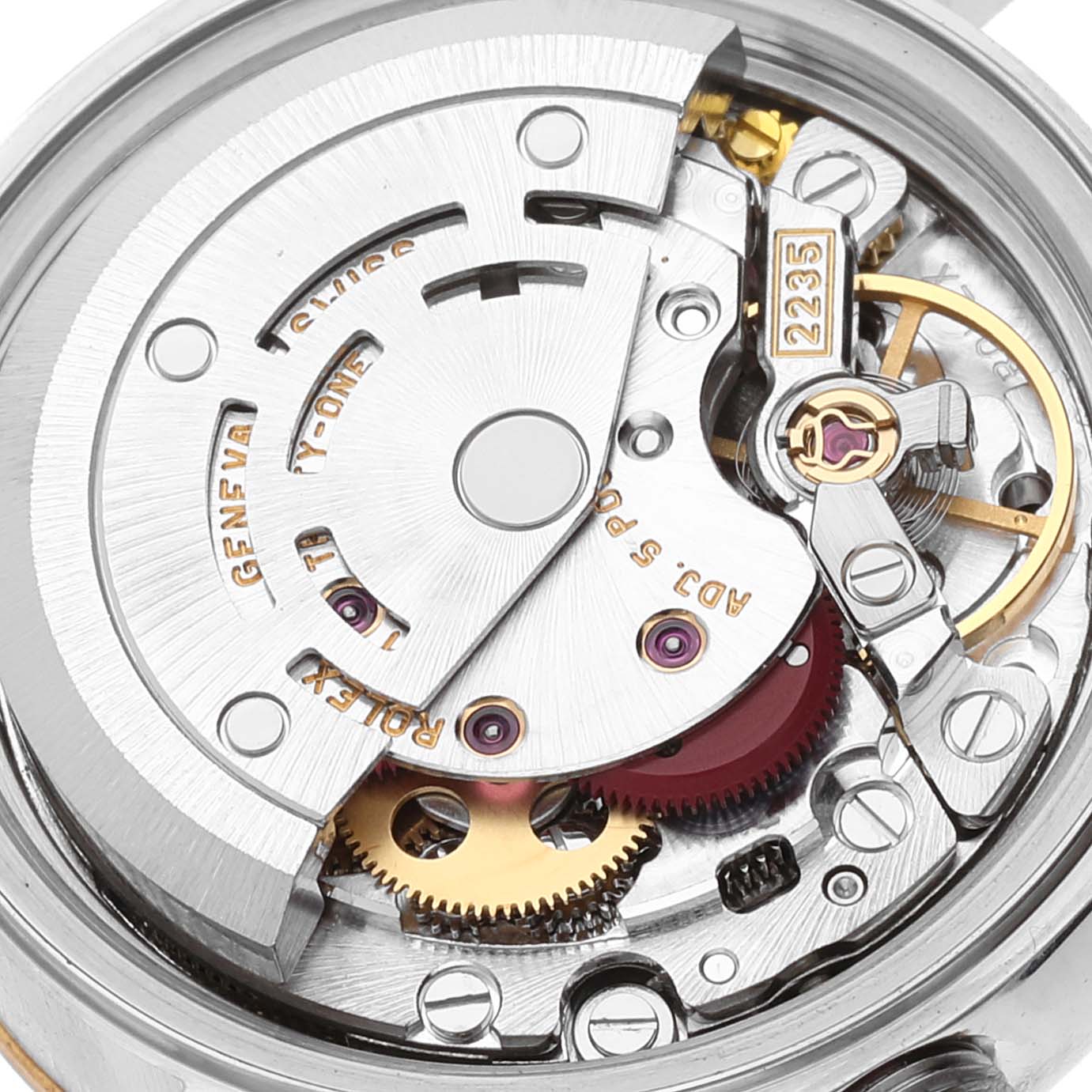 This is a close-up view of the Rolex Datejust 79173 Women's Steel and Gold (two tone) Beige Dial 79173 Women's Steel and Gold (two tone) Beige Dial movement, featuring its intricate gears and components.