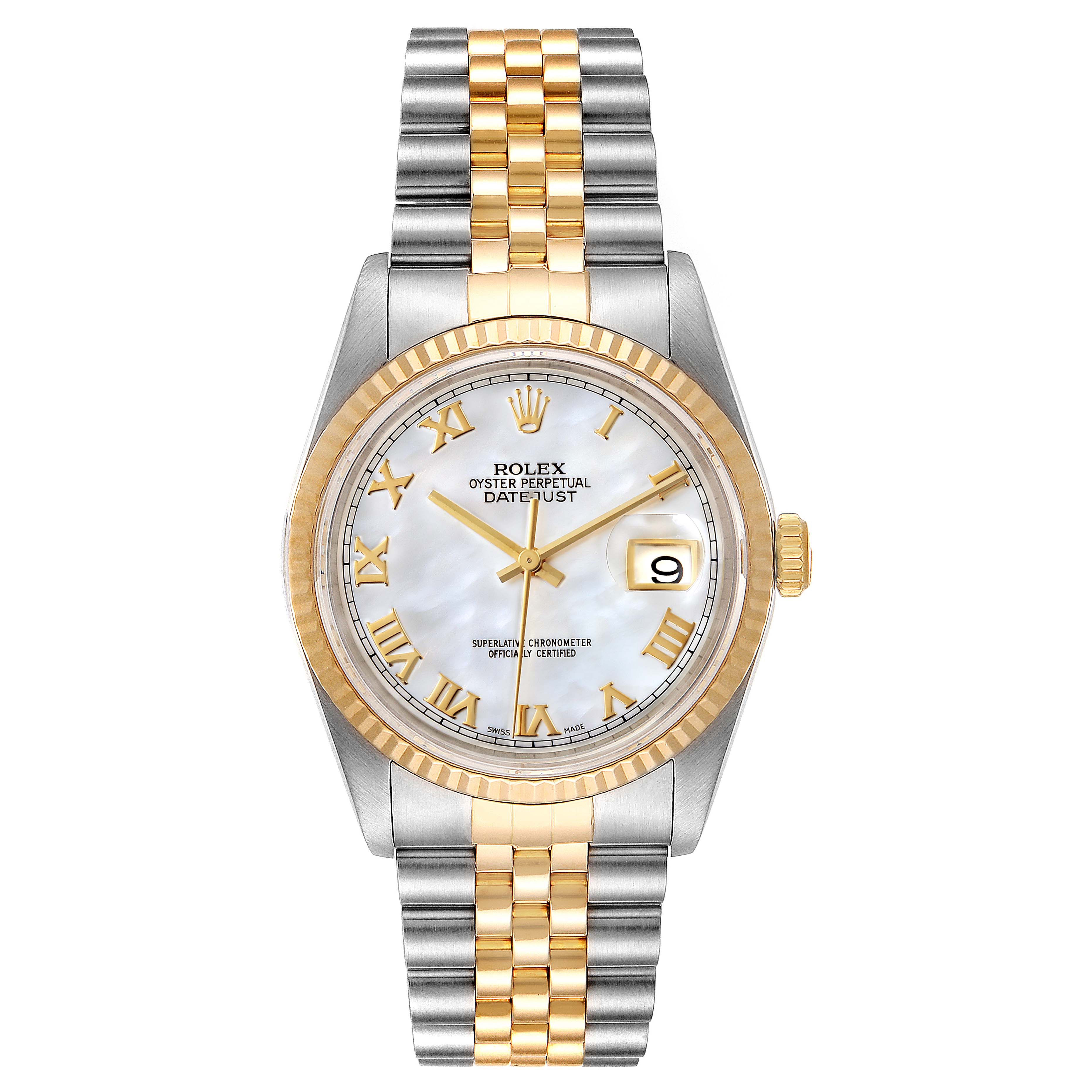 Front view of a Rolex Datejust 16233 Men's Steel and Gold (two tone) Mother of Pearl Dial 16233 Men's Steel and Gold (two tone) Mother of Pearl Dial watch showing its face, dial, fluted bezel, and jubilee bracelet.