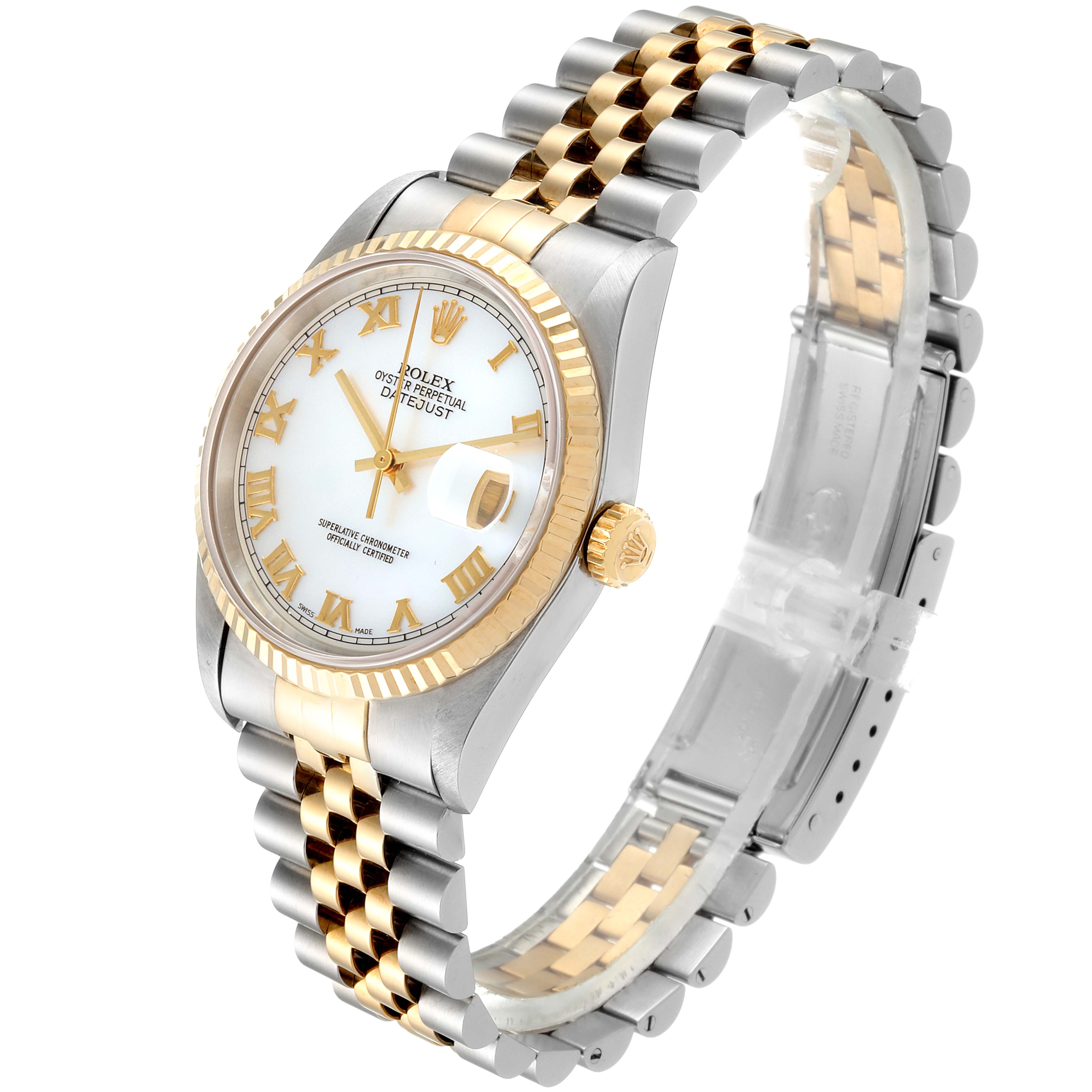 This image shows a Rolex Datejust 16233 Men's Steel and Gold (two tone) Mother of Pearl Dial 16233 Men's Steel and Gold (two tone) Mother of Pearl Dial watch in a three-quarters view, featuring a two-tone bracelet and gold bezel with a white dial.