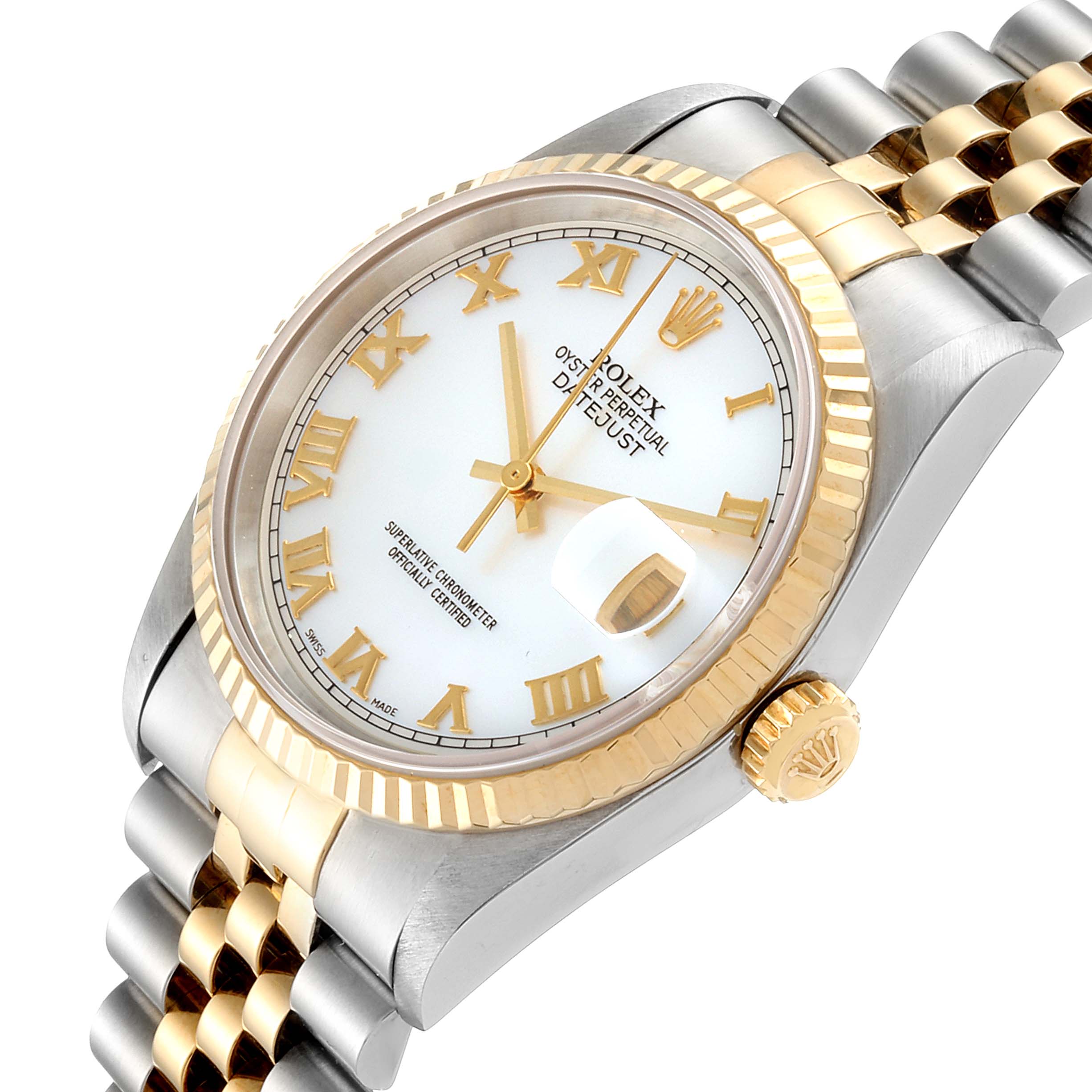 The image shows a Rolex Datejust 16233 Men's Steel and Gold (two tone) Mother of Pearl Dial 16233 Men's Steel and Gold (two tone) Mother of Pearl Dial watch at a three-quarter angle, displaying the face, crown, bezel, and part of the bracelet.