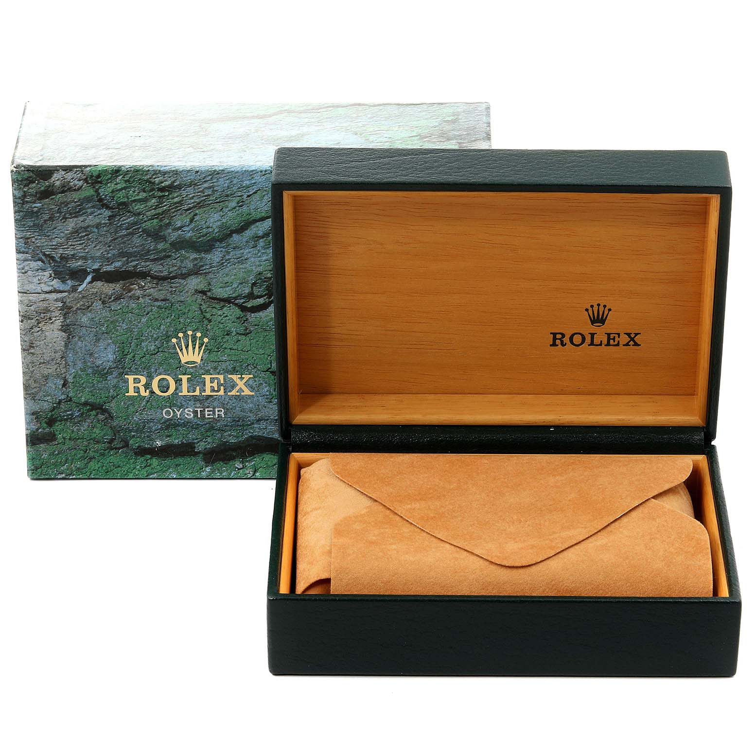 The image shows the packaging for a Rolex Datejust 16233 Men's Steel and Gold (two tone) Mother of Pearl Dial 16233 Men's Steel and Gold (two tone) Mother of Pearl Dial, including an open watch box and its protective exterior box.