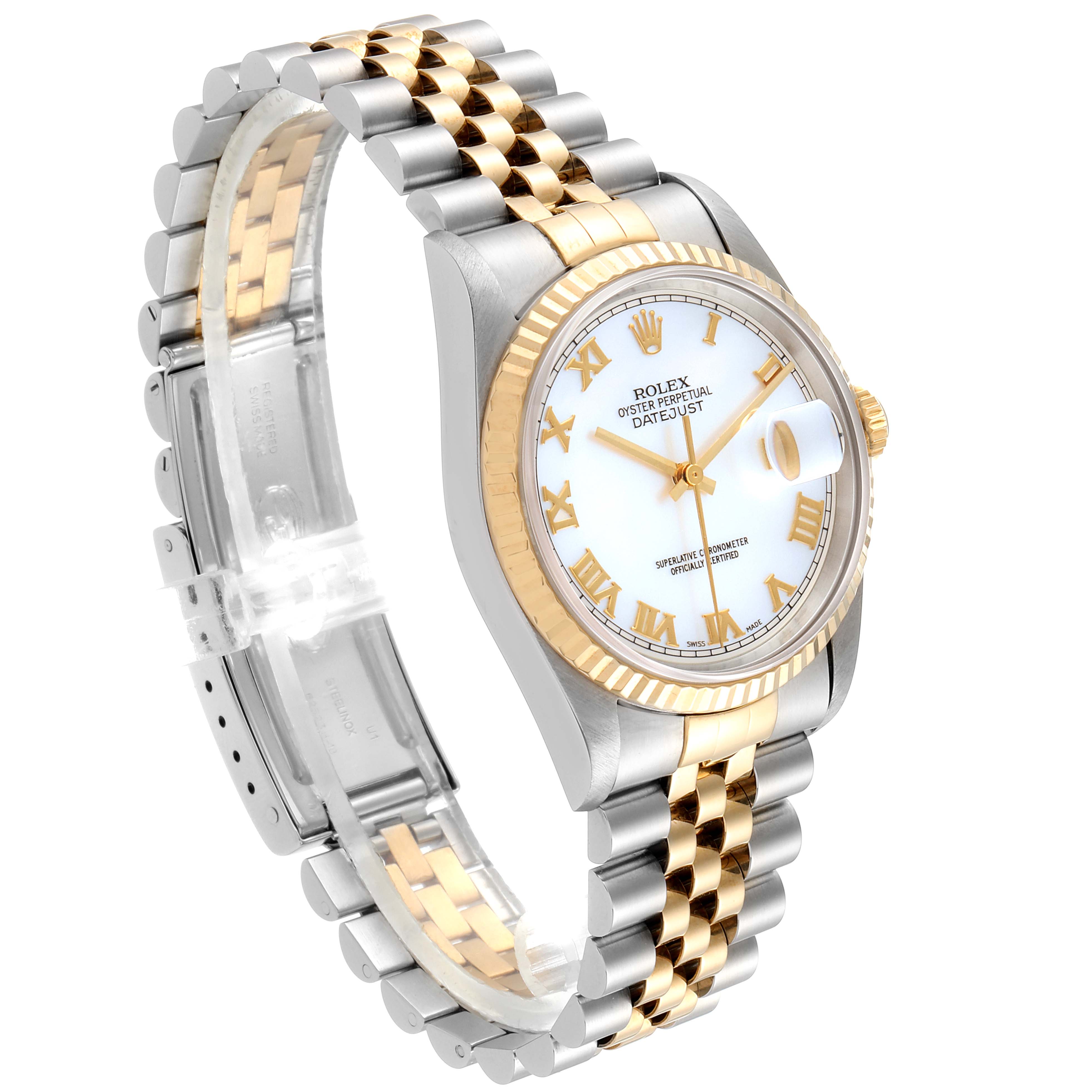 The image shows a side angle of a Rolex Datejust 16233 Men's Steel and Gold (two tone) Mother of Pearl Dial 16233 Men's Steel and Gold (two tone) Mother of Pearl Dial watch featuring a two-tone bracelet and a white dial with gold Roman numeral markers.