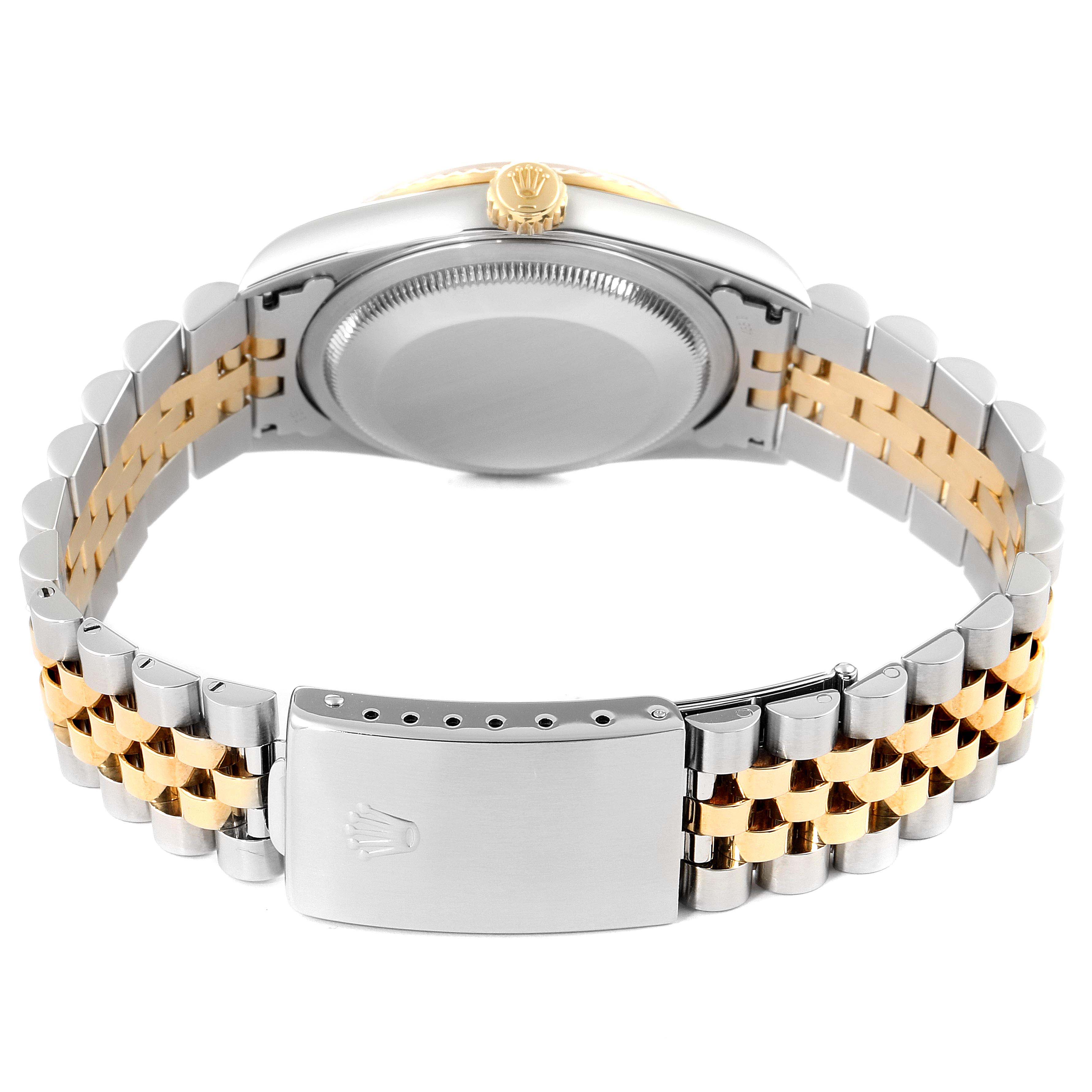This image shows the back view of the Rolex Datejust 16233 Men's Steel and Gold (two tone) Mother of Pearl Dial 16233 Men's Steel and Gold (two tone) Mother of Pearl Dial watch, highlighting the bracelet and clasp.