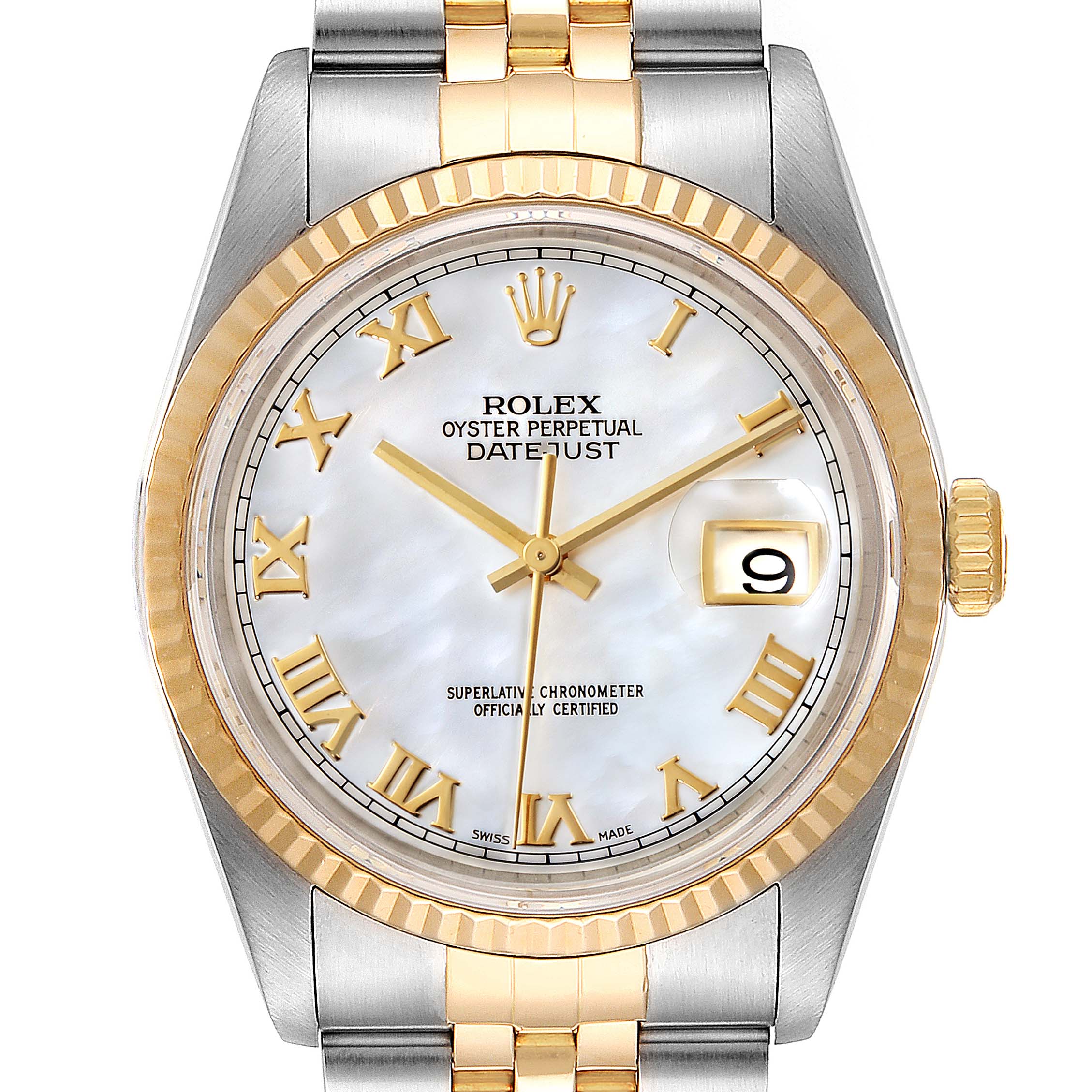The image shows a frontal view of the Rolex Datejust 16233 Men's Steel and Gold (two tone) Mother of Pearl Dial 16233 Men's Steel and Gold (two tone) Mother of Pearl Dial watch, highlighting its dial, bezel, and bracelet.
