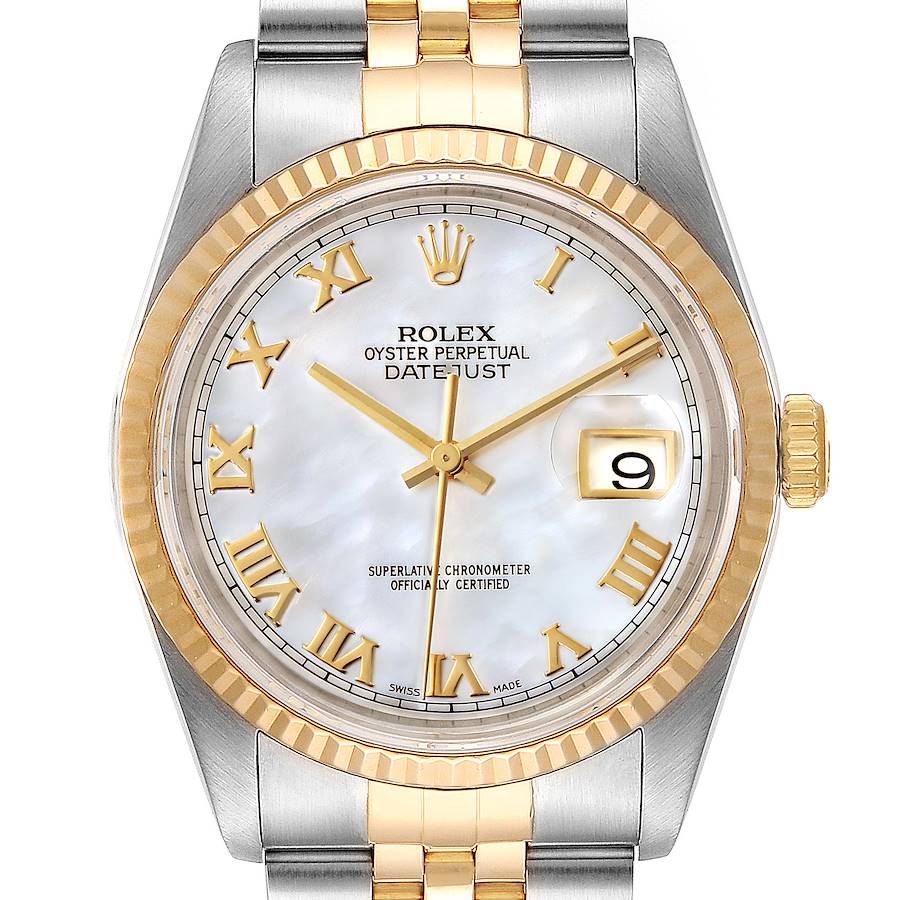 The image shows a frontal view of the Rolex Datejust 16233 Men's Steel and Gold (two tone) Mother of Pearl Dial 16233 Men's Steel and Gold (two tone) Mother of Pearl Dial watch, highlighting its dial, bezel, and bracelet.